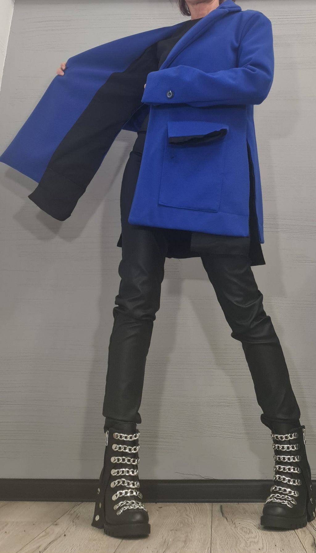 Royal Blue Asymmetrical Winter Coat, Oversized Lapels and Patch Pockets, Plus Size Flared Jacket