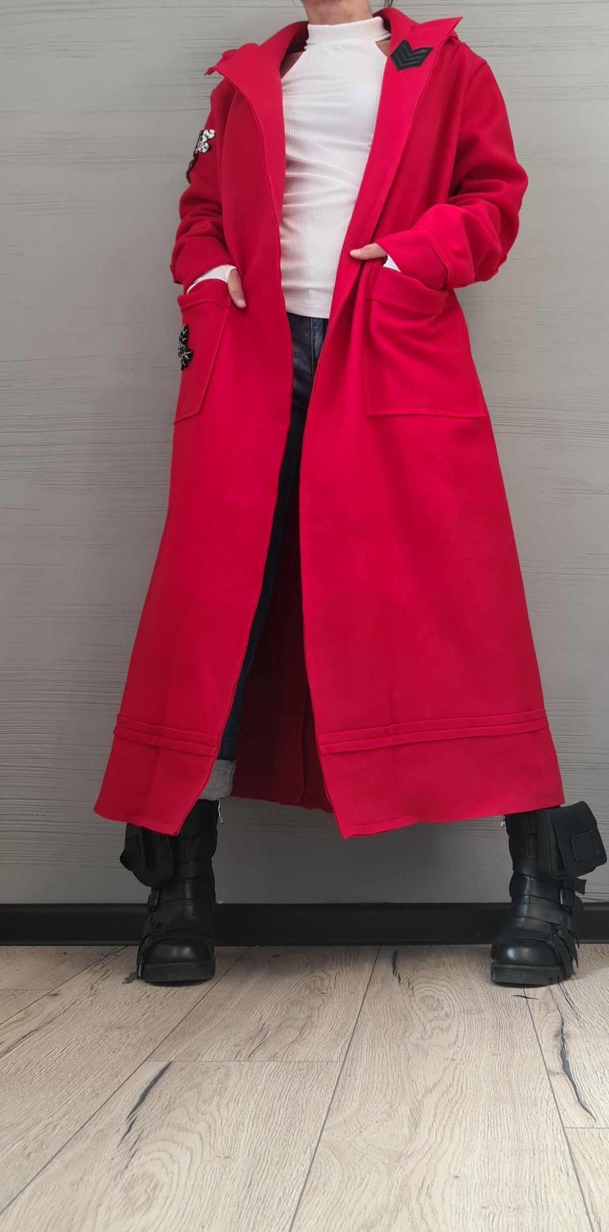 Red Wrap Maxi Coat with Collar, Double Belt Closure, Long Sleeves, Plus Size