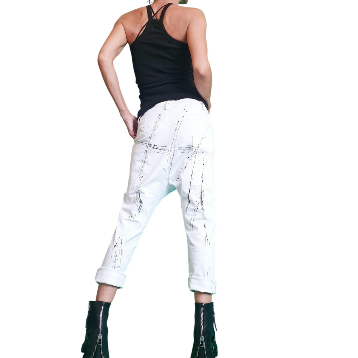 Extravagant White Drop Crotch Pants, Loose Cotton Trousers, Asymmetric Fit