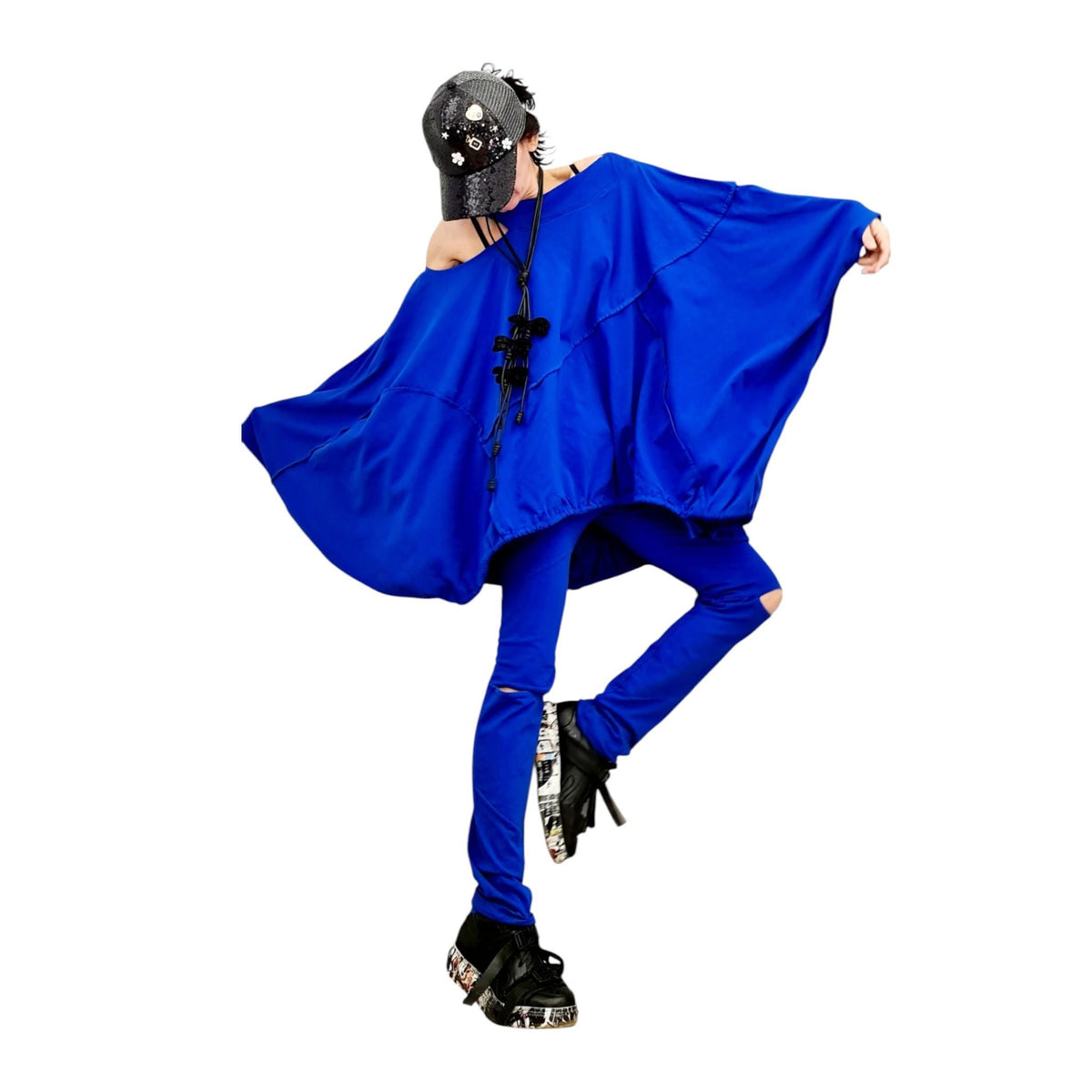 Royal Blue Cotton Leggings, Cutout Knees, Oversized Asymmetrical Draped Batwing Tunic, Two-Piece Co-Ord Set