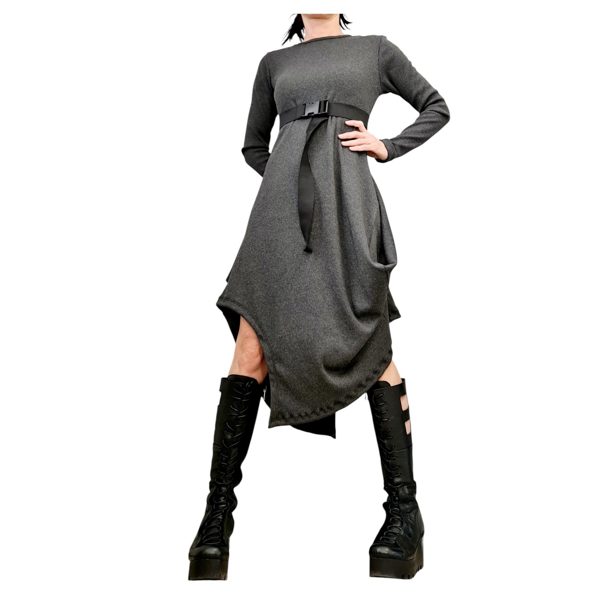 Grey Cotton Rib Dress, Long Sleeve Midi Dress, Avant Garde Loose Fit Kaftan