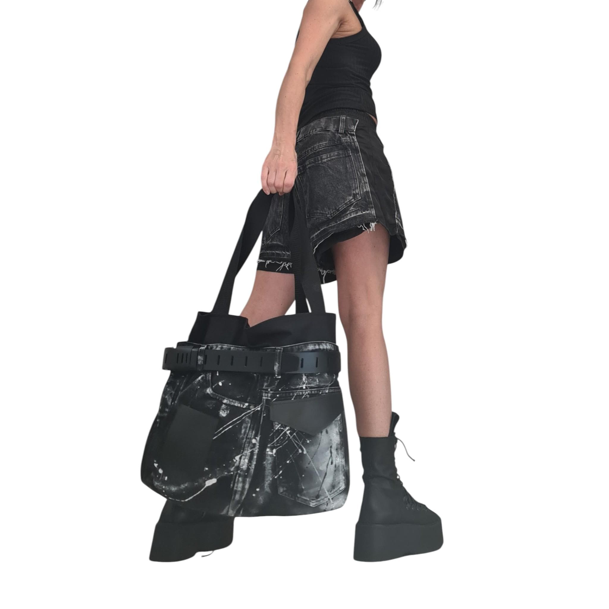 Handmade Oversized Denim Tote Bag, Avant-Garde Spray-Painted Jean Purse, Extravagant Designer Shoulder Bag