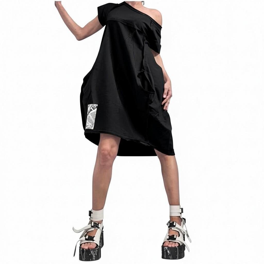 Black Cotton Midi Short Sleeve Dress, Cold Shoulder, Asymmetric Oversized Tunic