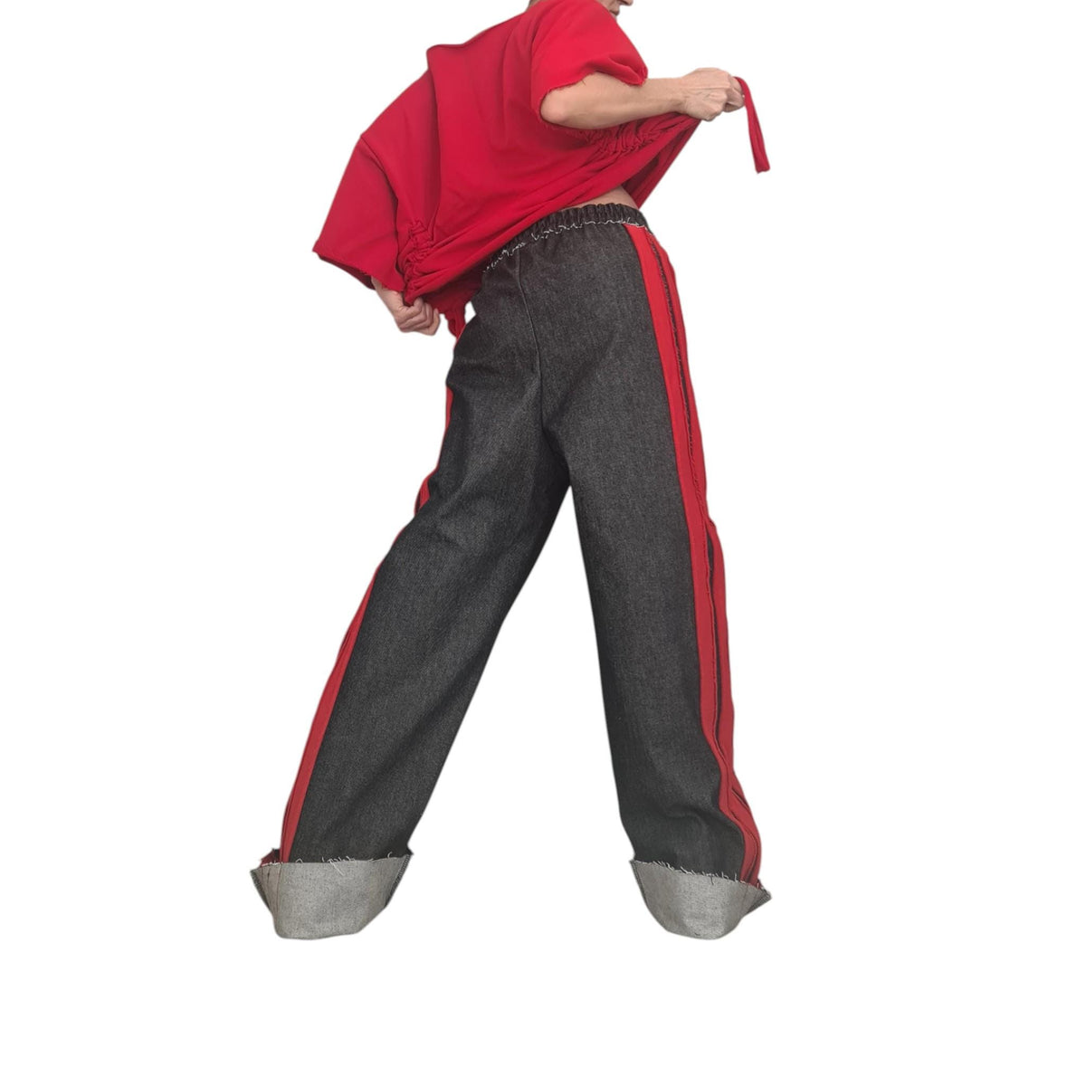 Red Ruched Cotton Blouse, Dark Denim Wide Leg Pants, Side Stripes, Cuffed Co-Ord Set