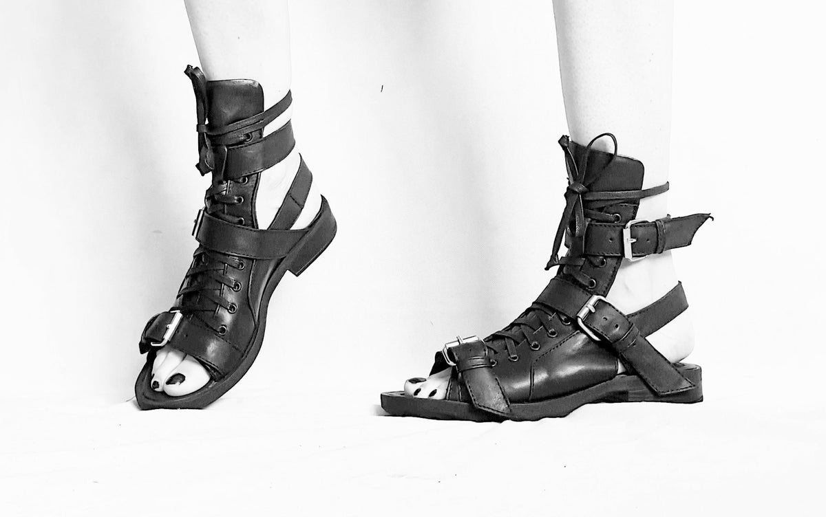 Gothic Gladiator Sandals, Black Leather Greek Style Shoes, Open Toe Summer Footwear