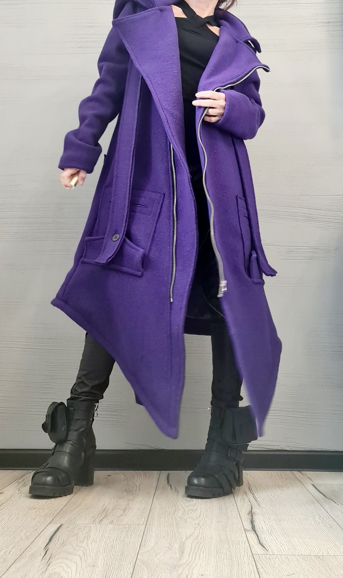Purple Asymmetric Wool Coat, Long Hooded Jacket with Oversized Patch Pockets, Plus Size