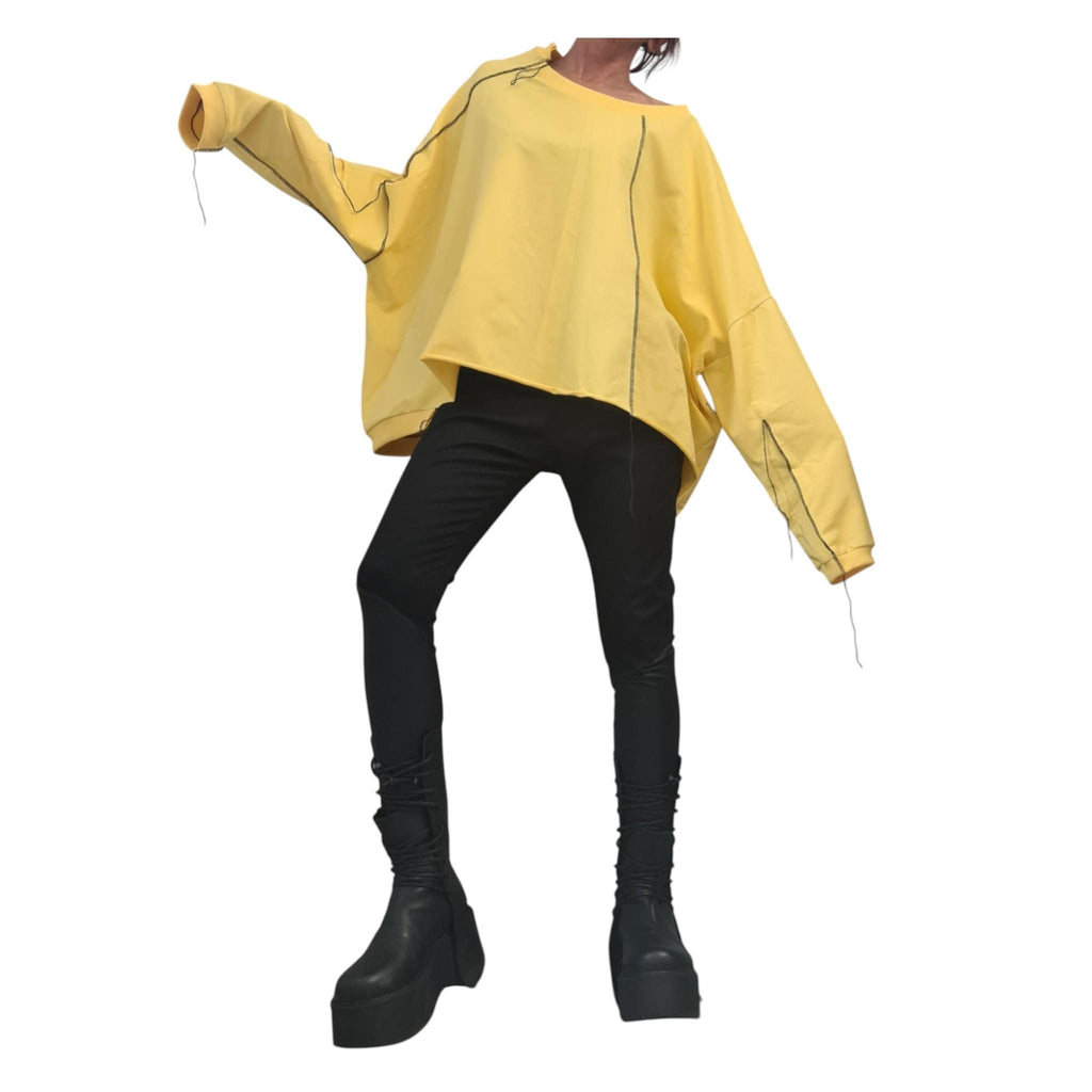 Yellow Cotton Oversize Tunic Top, Asymmetric Loose Cut, Black Contrast Seams, Plus Size Blouse