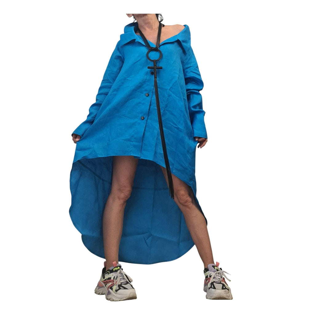 Turquoise Linen Shirt Tunic, High Low Beach Shirt Dress, Long Back Summer Top