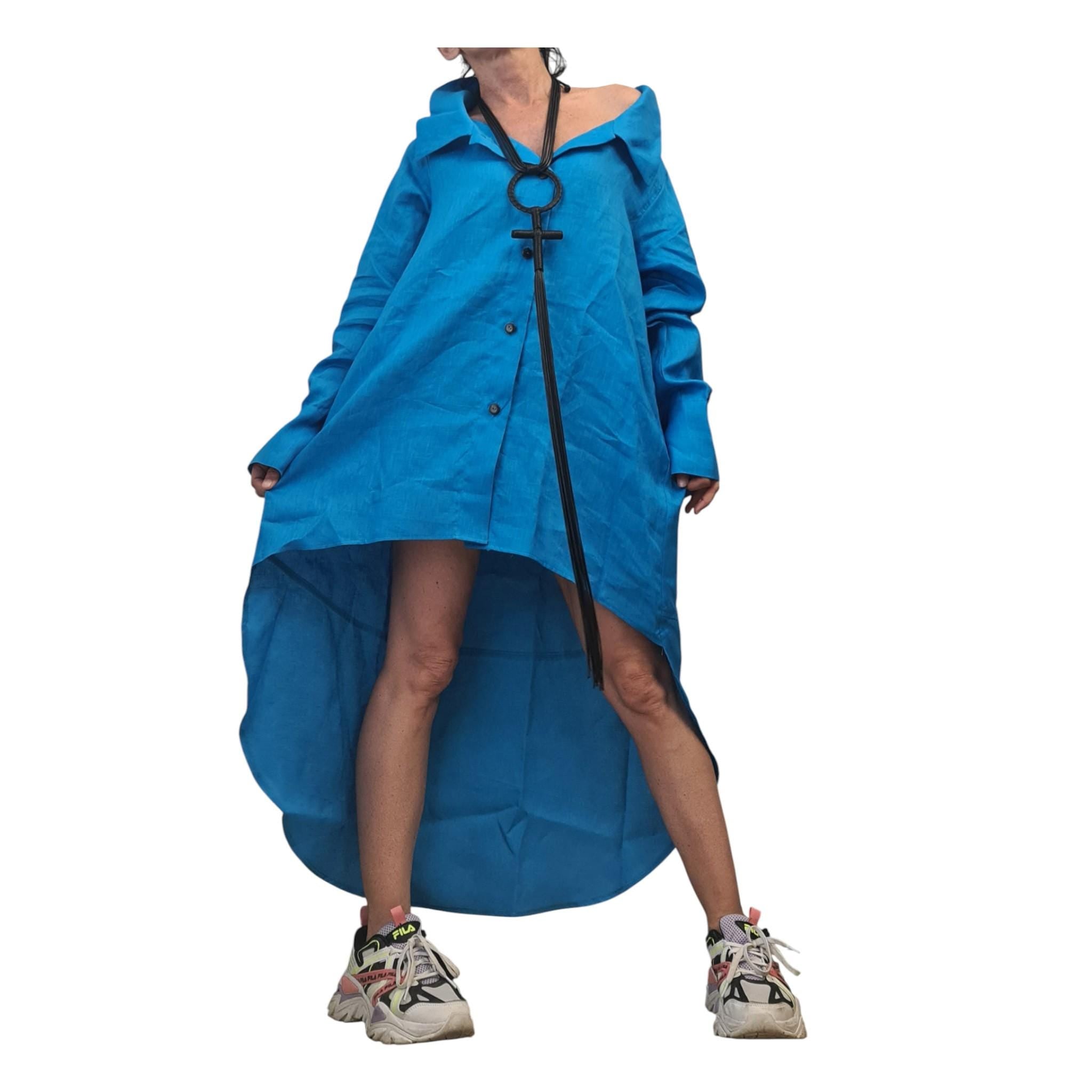 Turquoise Linen Shirt Tunic, High Low Beach Shirt Dress, Long Back Summer Top