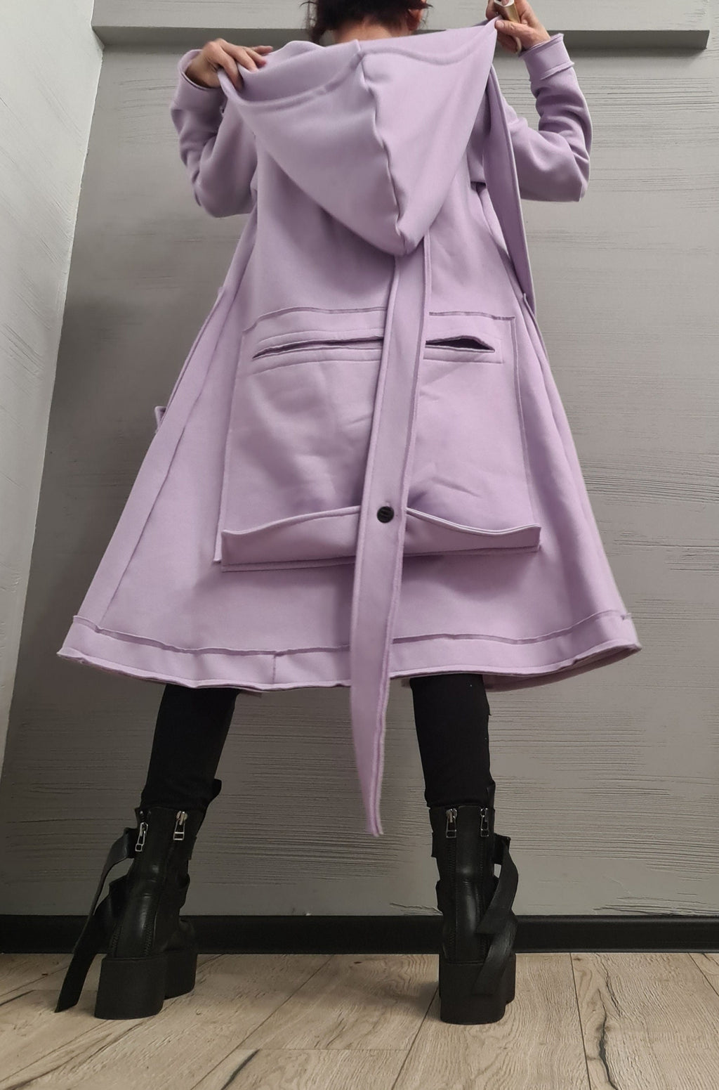 Lavender Oversized Hooded Cotton Coat, Plus Size Long Sweatshirt Jacket, Large Cargo Pockets
