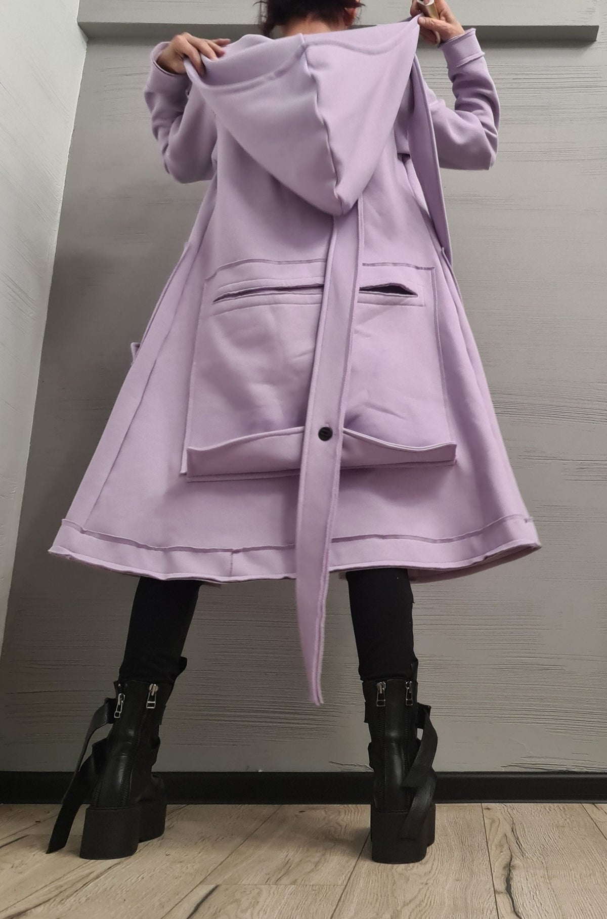 Lavender Oversized Hooded Cotton Coat, Plus Size Long Sweatshirt Jacket, Large Cargo Pockets