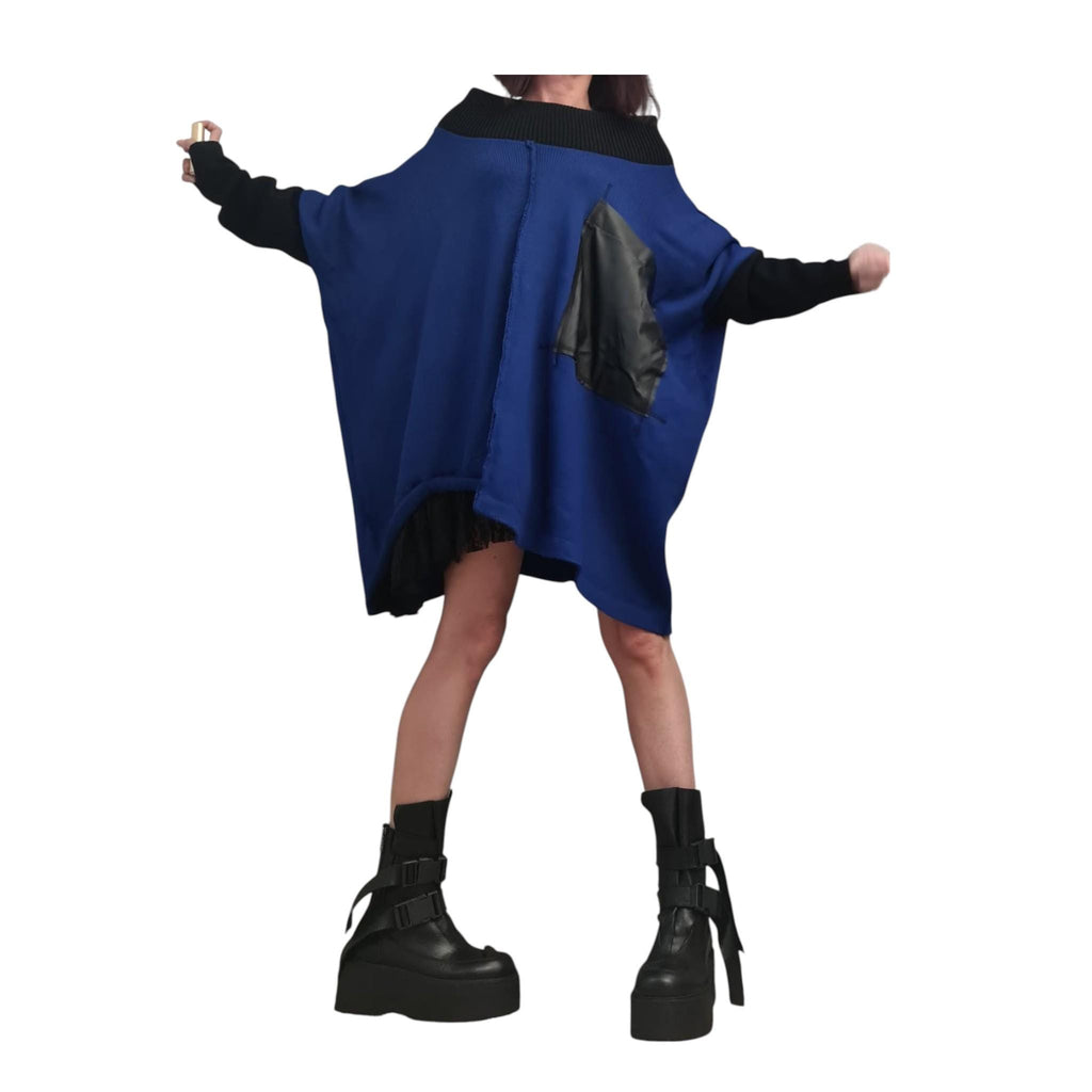 Black Asymmetrical Knitted Tunic, Oversized Long Sleeve Sweater, Plus Size Top