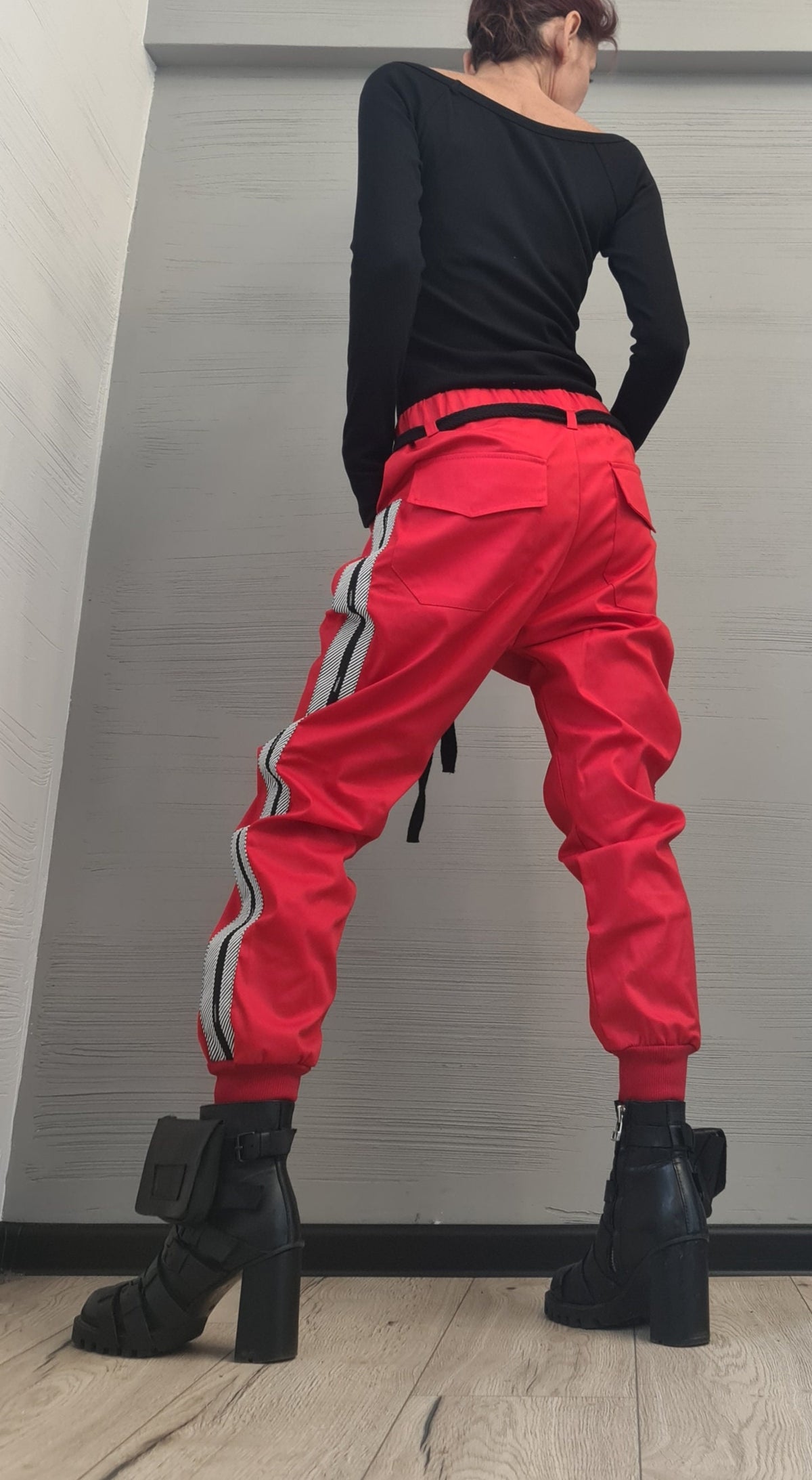 Red Cotton Drop Crotch Pants, Slim Leg Trousers, Contrast Side Stripe