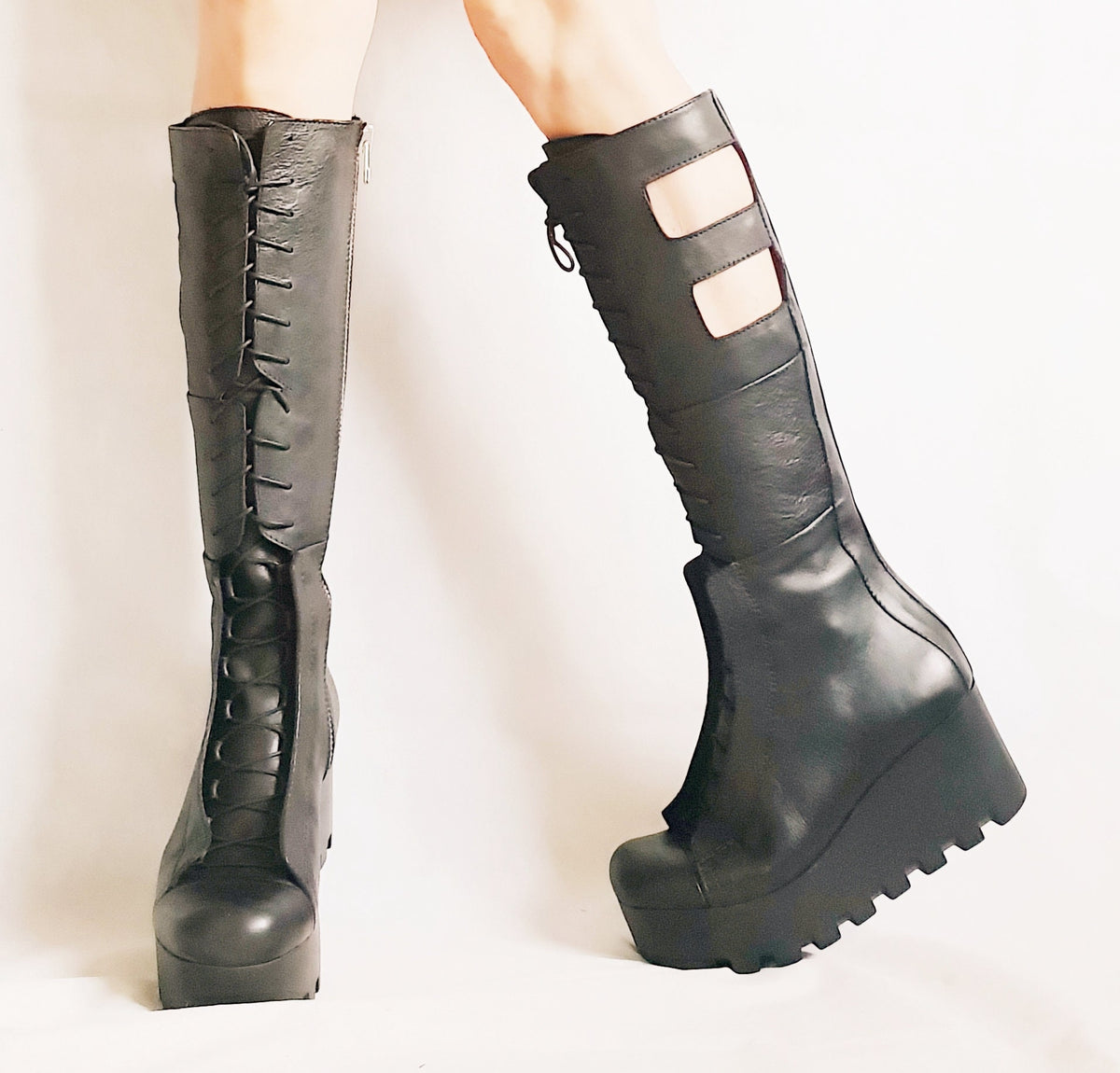 Leather Gladiator Platform Wedge Boots, Gothic Steampunk Shoes, Booties for Women