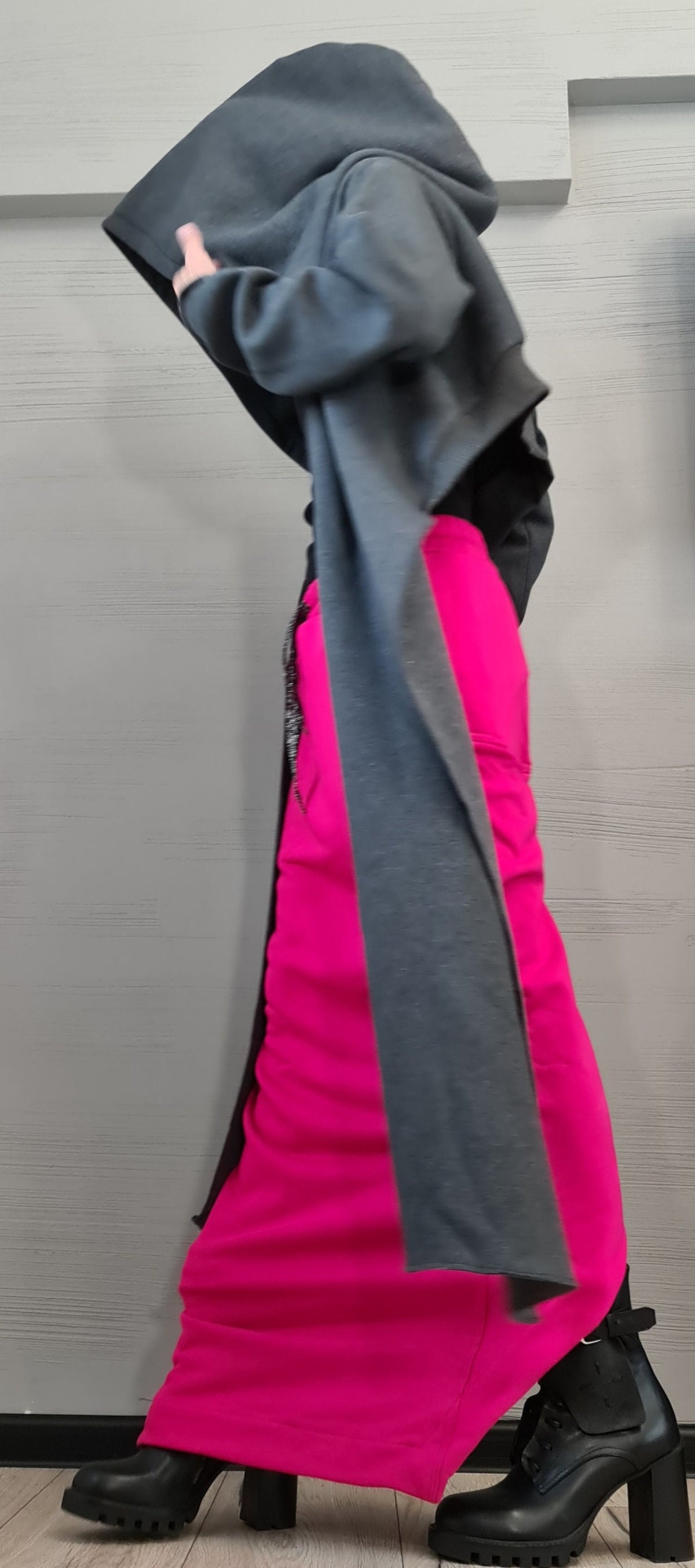 Grey Cotton Hooded Cardigan, Long Asymmetric Wrap Jacket, Cropped Back