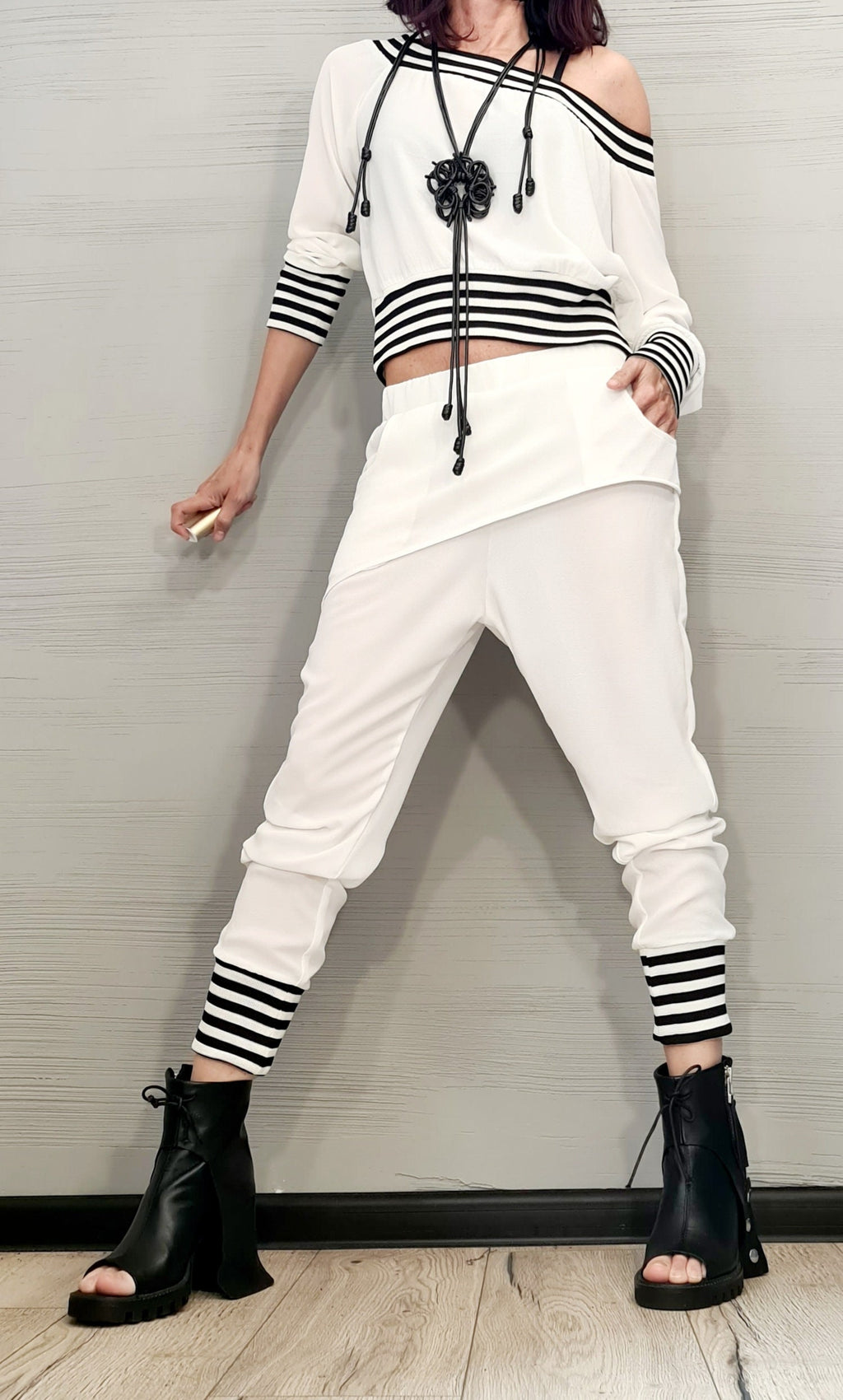 White Drop Crotch Harem Pants, Asymmetrical Off-Shoulder Cropped Blouse, Striped Trim, Two-Piece Co-Ord Set