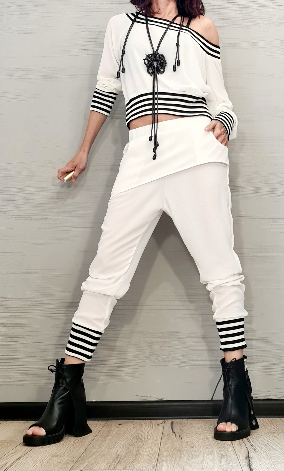 White Drop Crotch Harem Pants, Asymmetrical Off-Shoulder Cropped Blouse, Striped Trim, Two-Piece Co-Ord Set