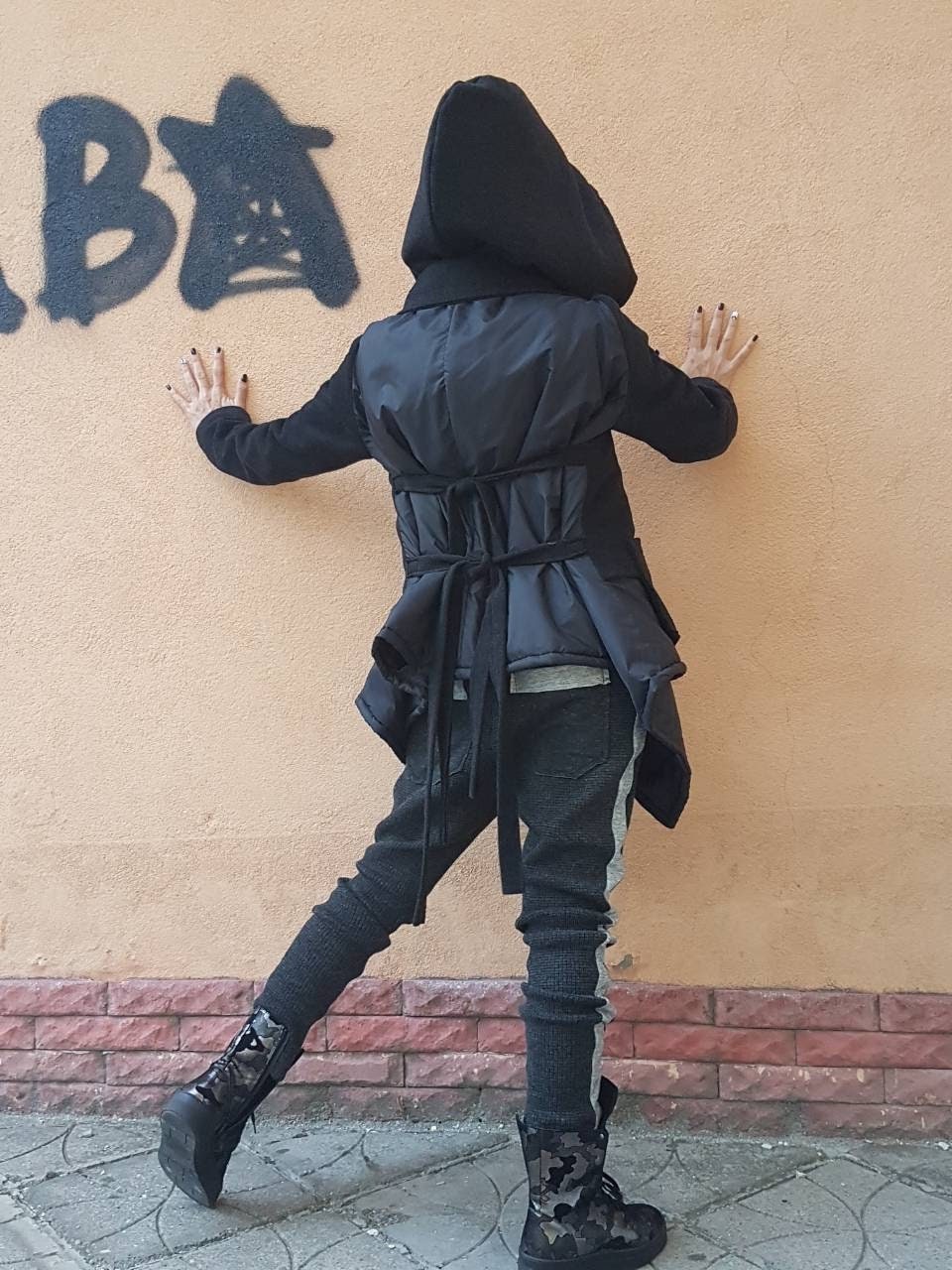 Black Hooded Puffer Jacket, Plus Size Asymmetric Winter Coat, Wool Details