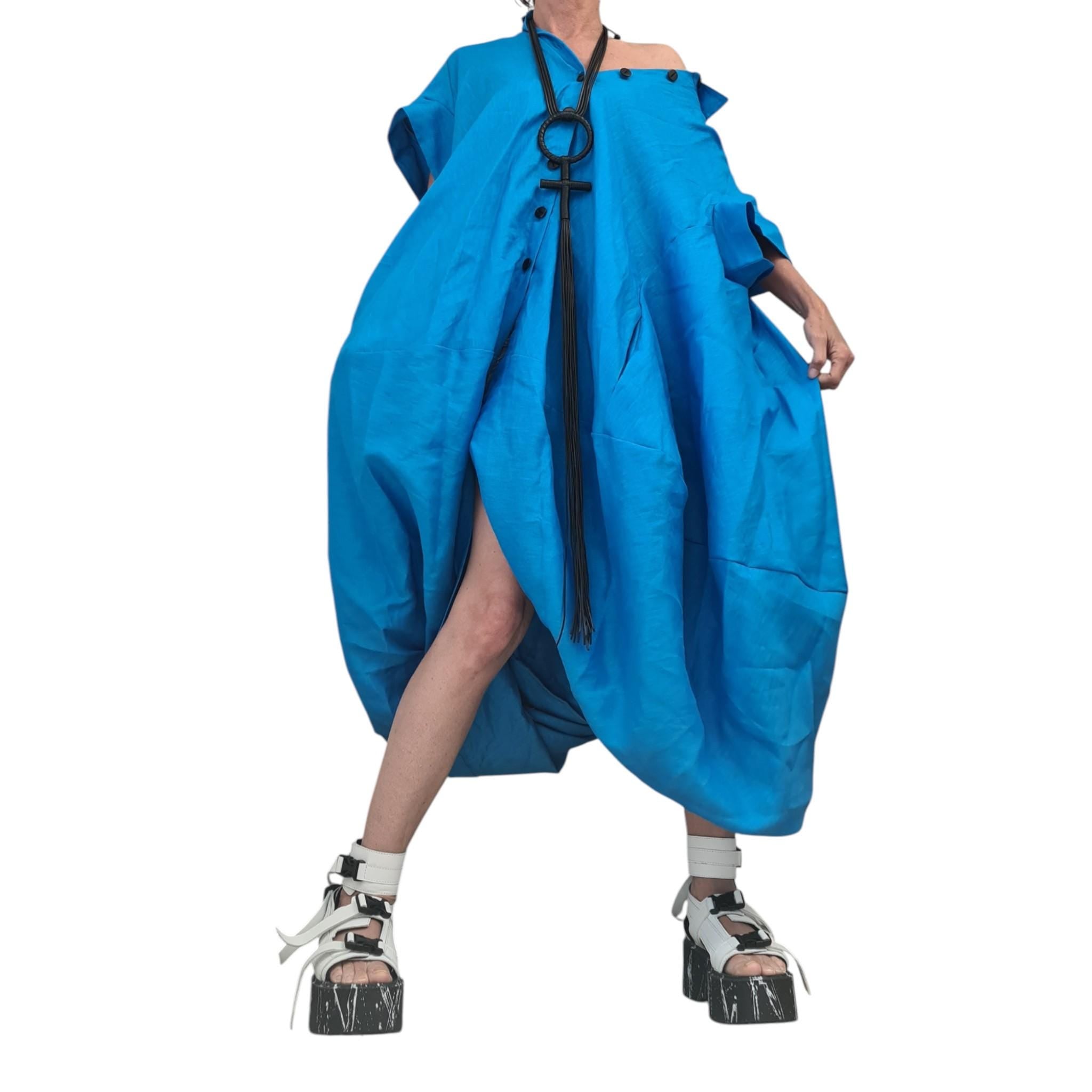 Turquoise Blue Oversized Linen Shirt Dress - Loose Fit