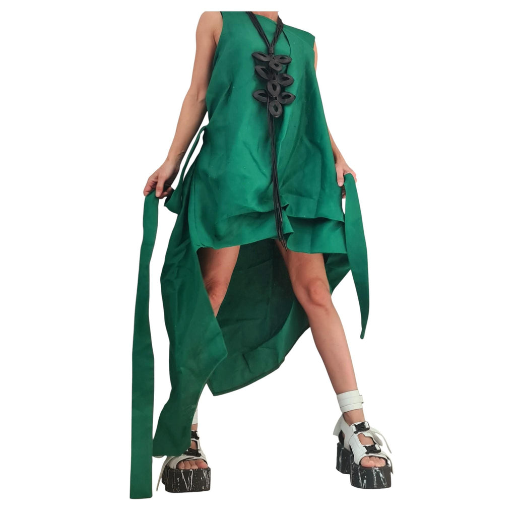 Green Linen Dress, High Low Asymmetric Design, Short Front Long Back, Sleeveless Linen Tunic