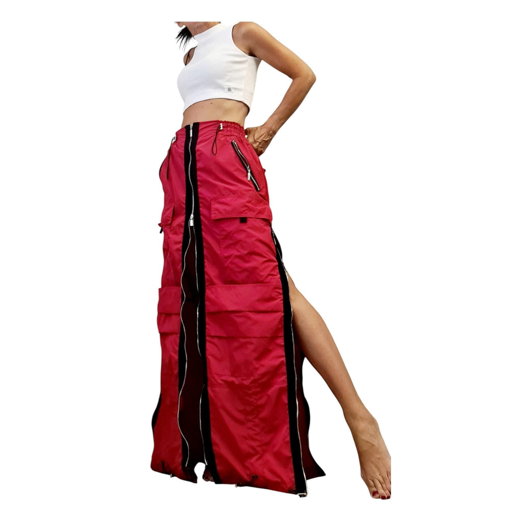 Red Maxi Cargo Skirt with Zippers, Oversized Avant Garde Clothing, Techwear Festival Outfit