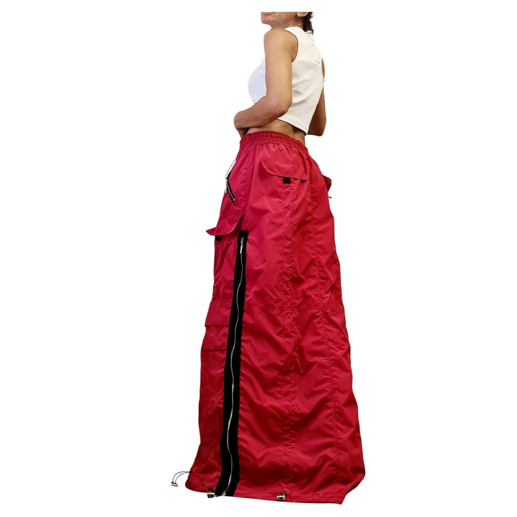 Red Maxi Cargo Skirt with Zippers, Oversized Avant Garde Clothing, Techwear Festival Outfit