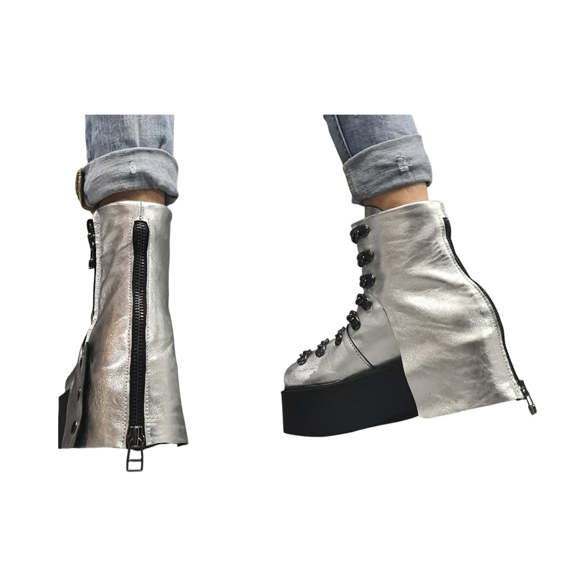 Silver Leather Platform Ankle Boots, Gothic Women Shoes with Chains, Handmade Statement Footwear