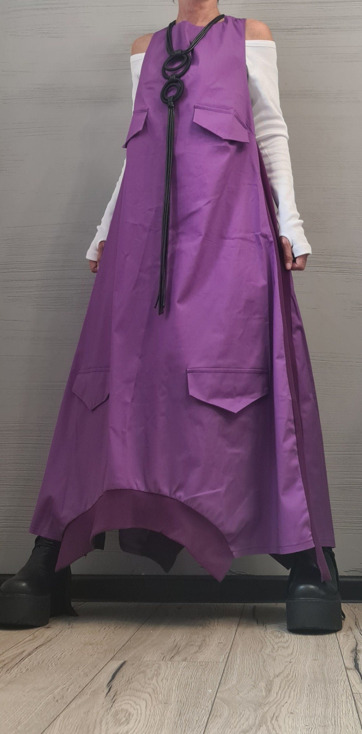 Purple Asymmetric Maxi Dress, Cargo Pocket Kaftan