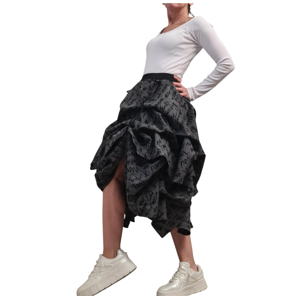 Asymmetric Maxi Skirt, Adjustable Length, Avant Garde Handmade, Balloon Silhouette ,Text Print, Knee Length