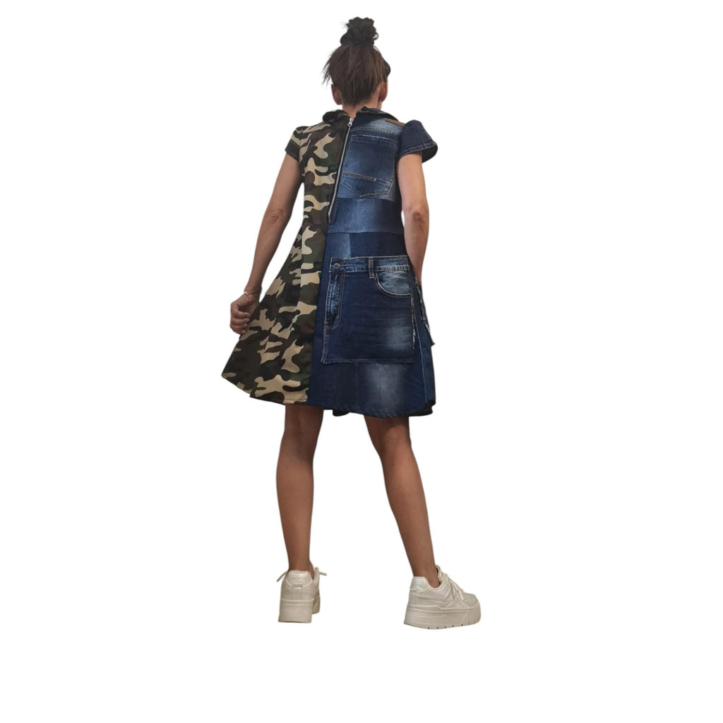 Denim Camouflage Dress, Avant Garde Military Style, Asymmetrical Cotton Outfit, Women’s Fashion