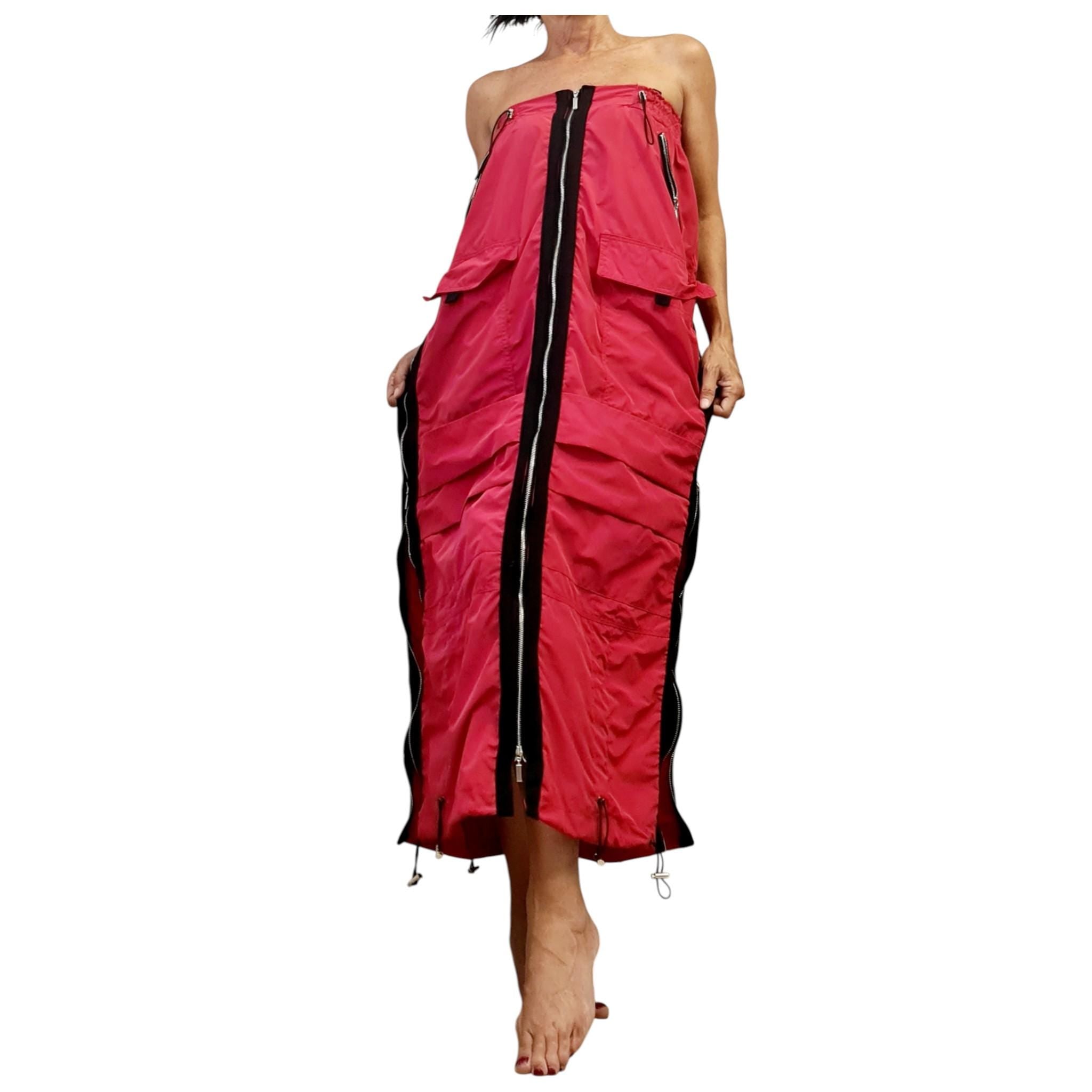 Red Maxi Cargo Skirt with Zippers, Oversized Avant Garde Clothing, Techwear Festival Outfit