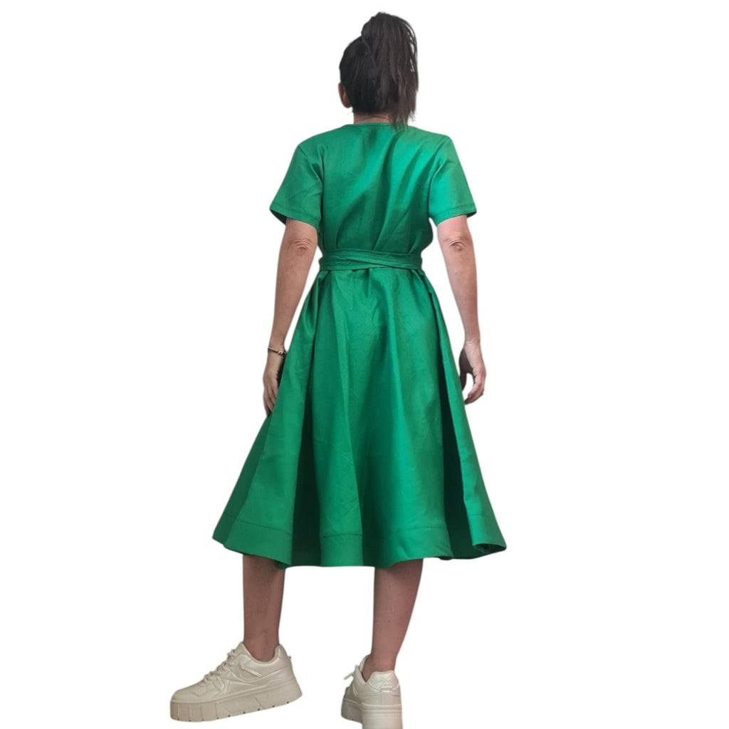 Green Linen Wrap Dress for Women, Knee Length, Short Sleeve Plus Size Summer Clothing