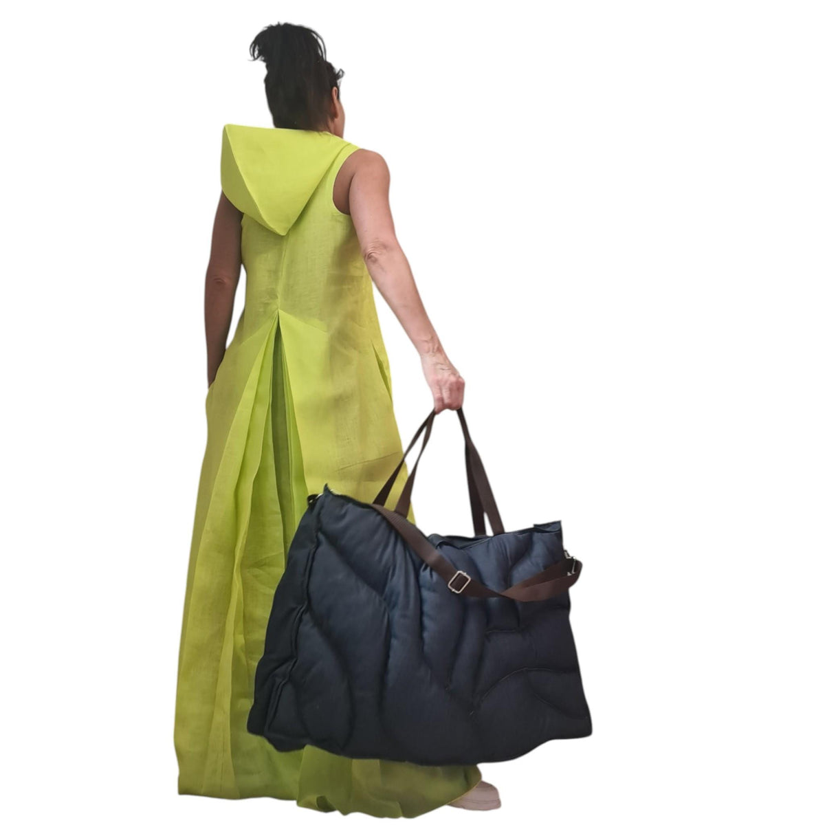 Lime Linen Hooded Maxi Dress with Pockets: Relaxed Summer Maxi, Boho Style