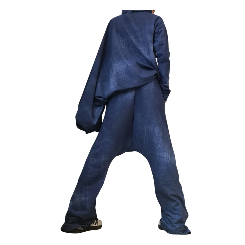 Plus Size Outfit Women, symmetric Sleeve Blouse, Harem Pants, Denim Look Cotton Fabric