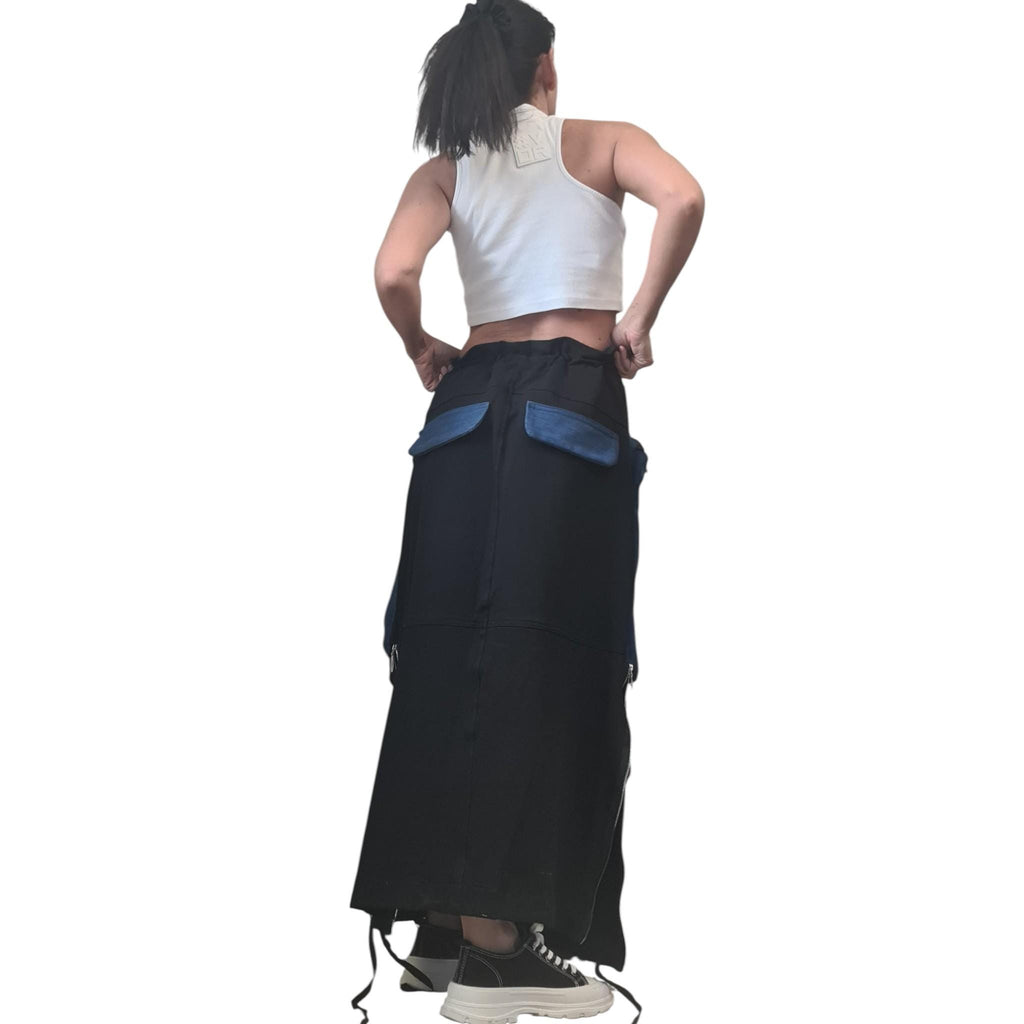 Black French Terry Maxi Skirt With Denim Cargo Pockets, Long Avant Garde Oversized Skirt