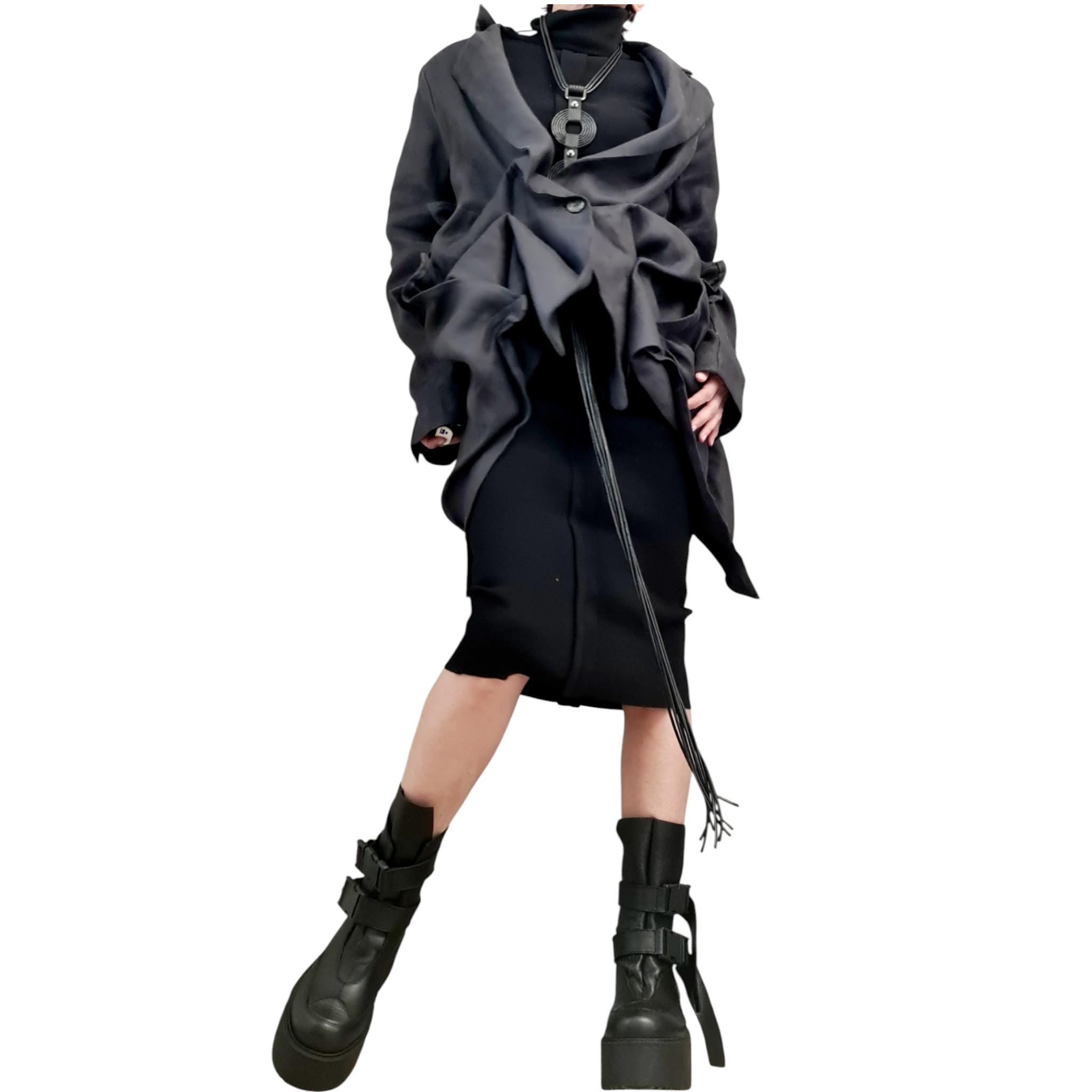 Graphite Linen Asymmetric Blazer | Long Front Open Back Womens Designer Statement Outerwear