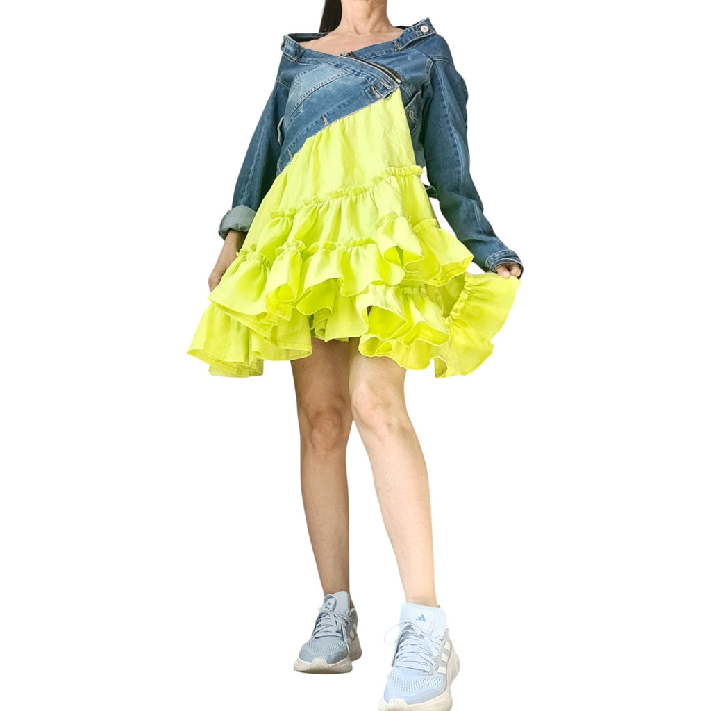 Off Shoulder Denim and Linen Dress for Women, Lime Ruffle Skirt, Asymmetric Oversize Clothing