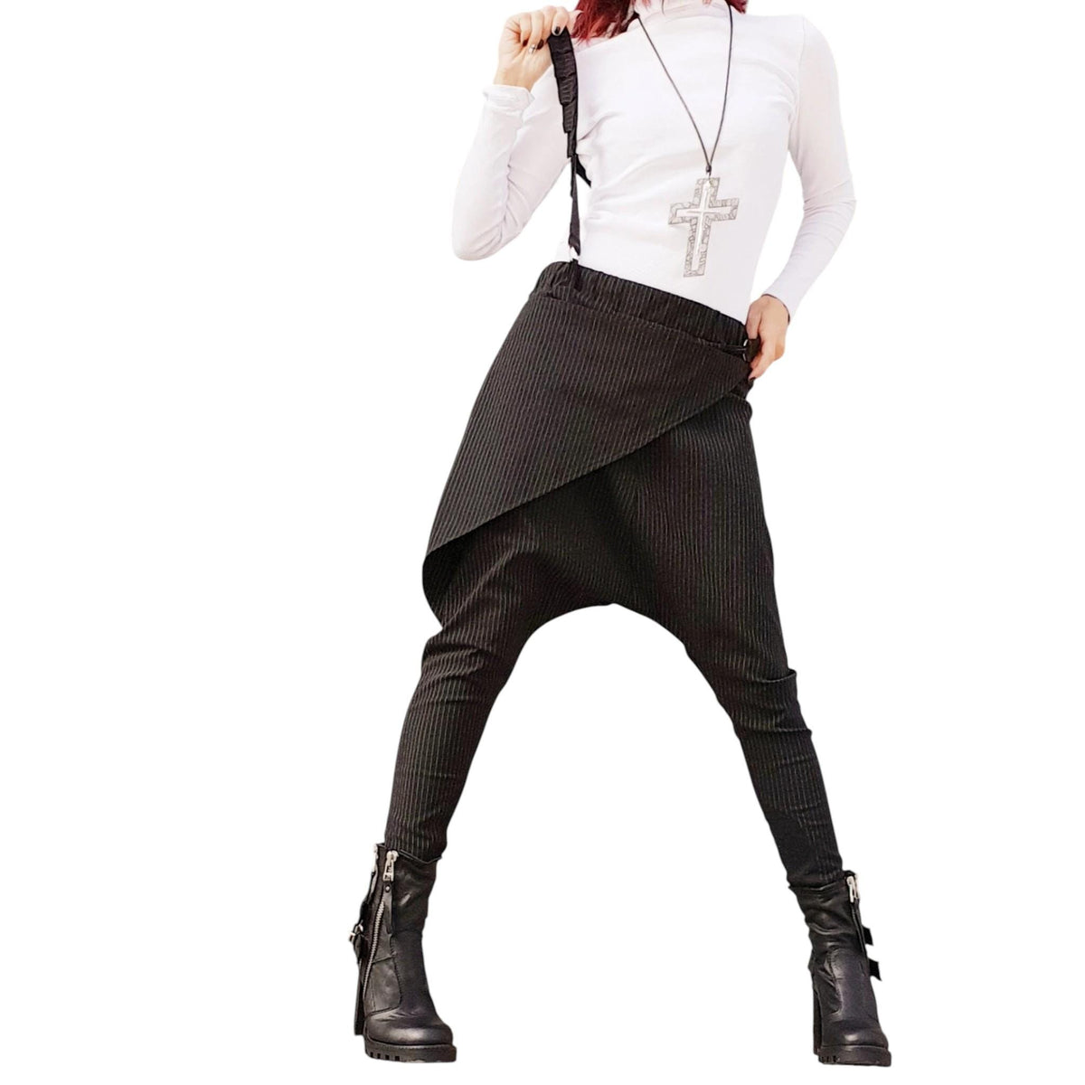Black Pinstripe Harem Pants, Skirt Overlay, Tapered Leg, Decorative Suspenders