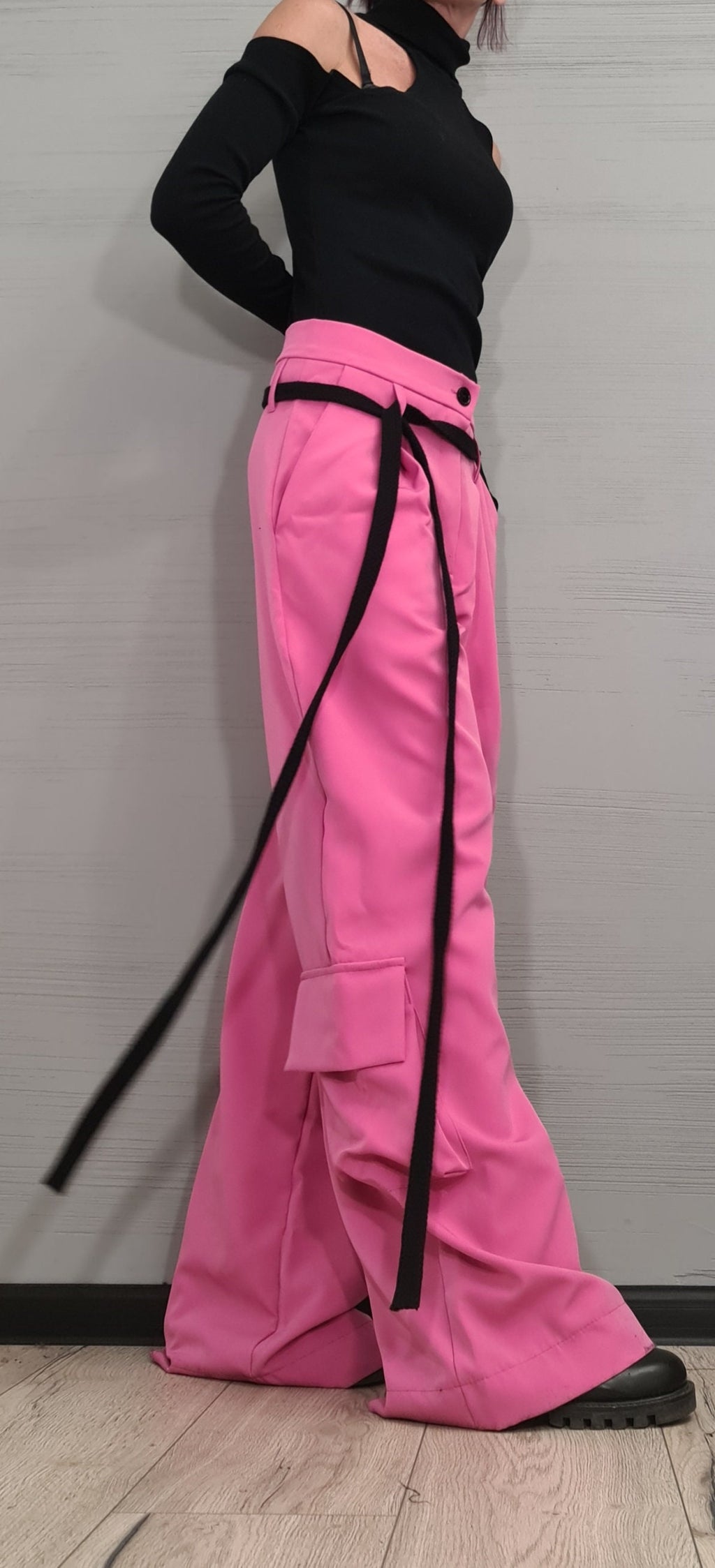 Pink Wide Leg Cargo Pants, Oversized Baggy Trousers