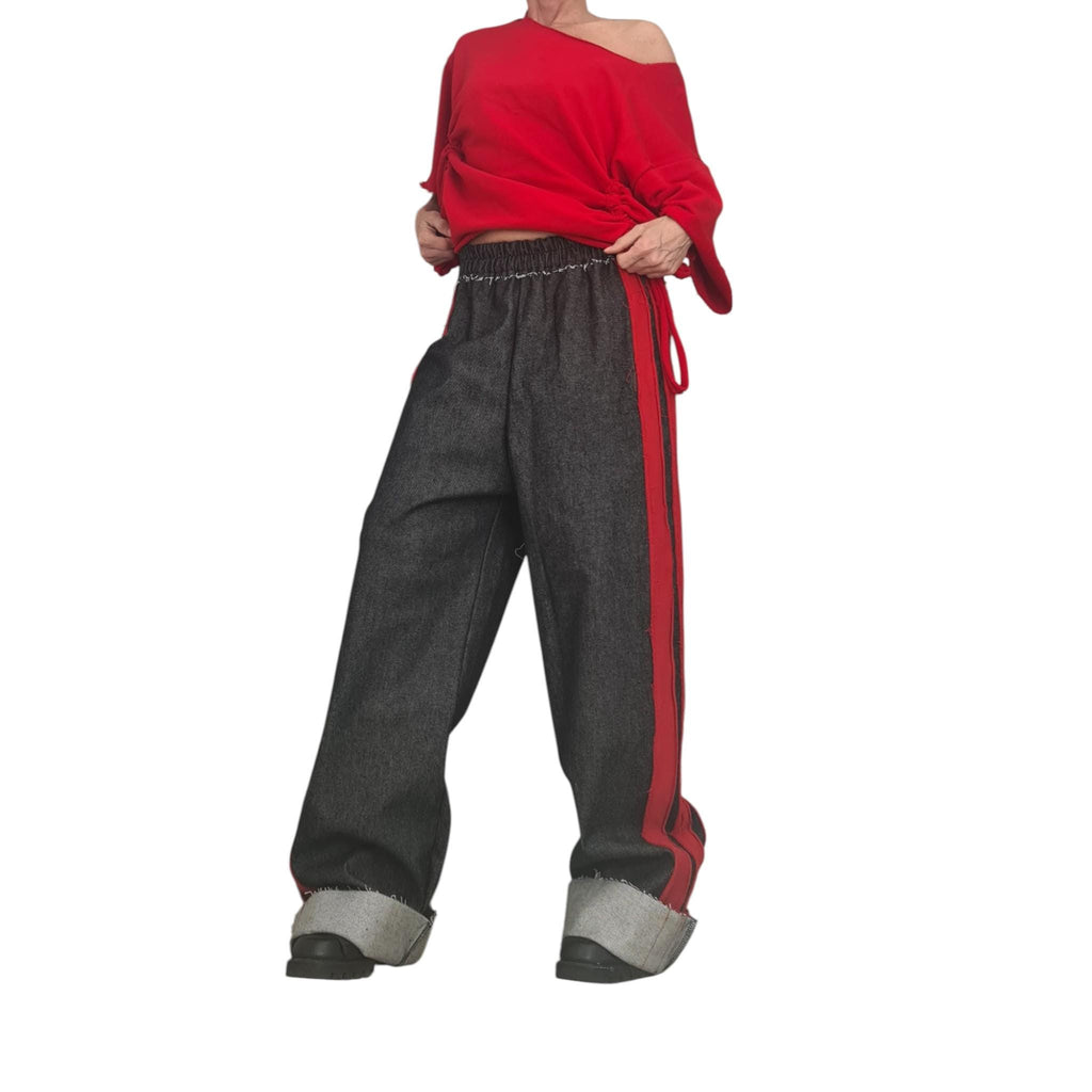 Red Ruched Cotton Blouse, Dark Denim Wide Leg Pants, Side Stripes, Cuffed Co-Ord Set