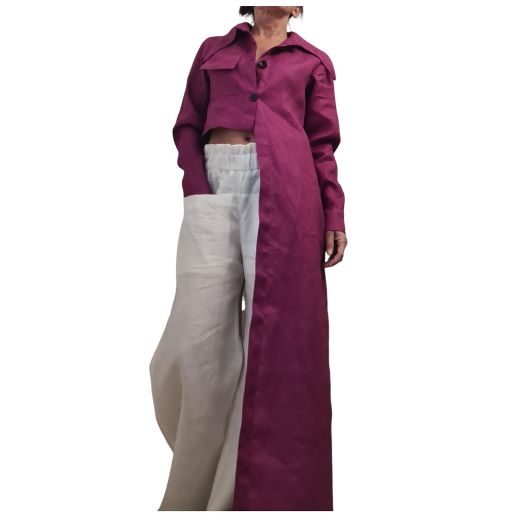Magenta Linen Shirt, One Shoulder Asymmetrical High Low Tunic for Women