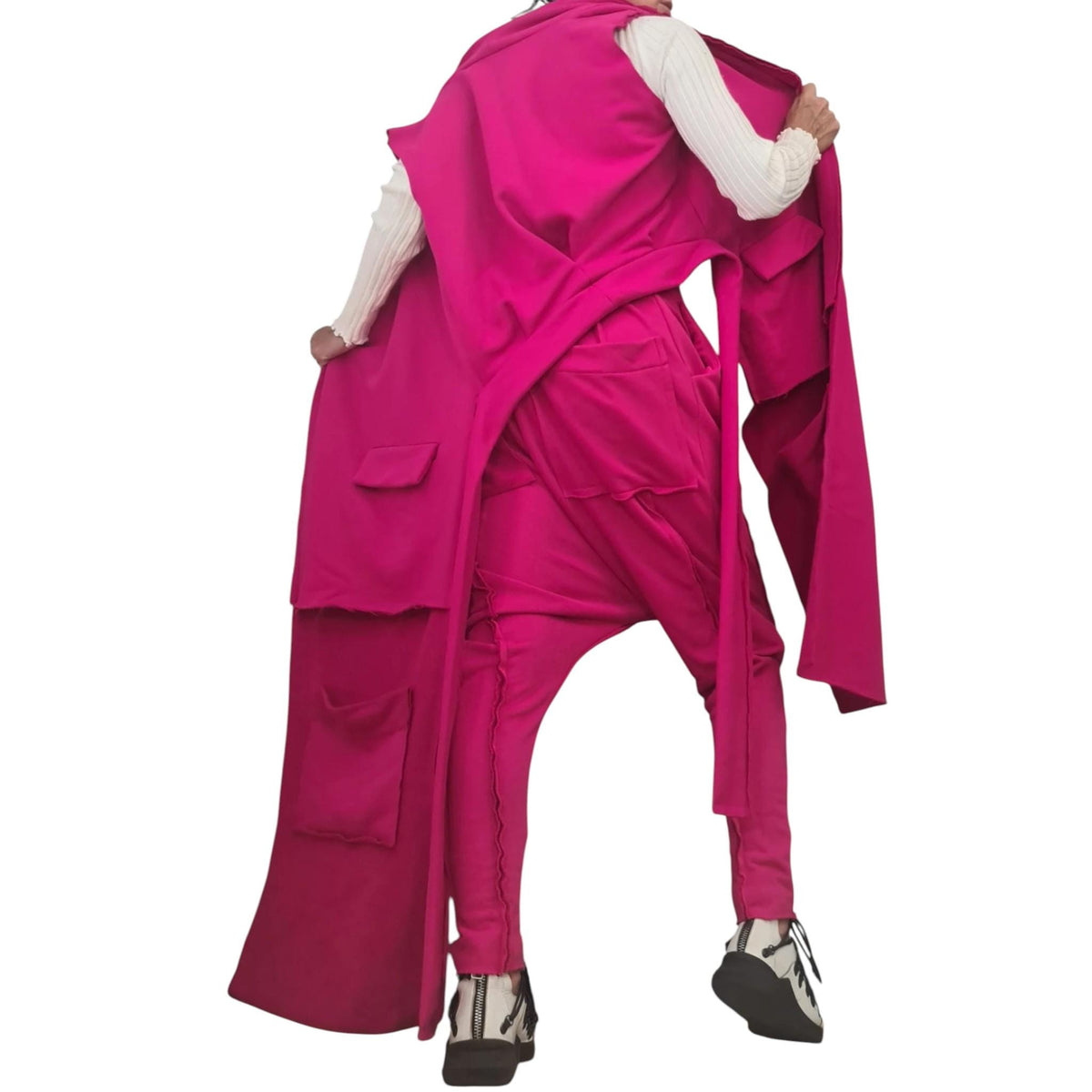 Fuchsia Cotton Co-Ord Set, Harem Pants, Asymmetrical Long Vest, Plus Size Outfit