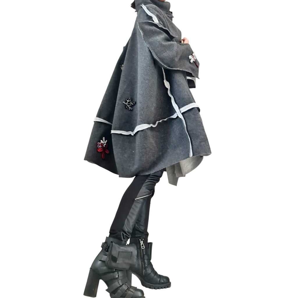 Grey Oversized Coat, Wide Trapeze Knee Jacket, Deconstructed Sleeves, Plus Size