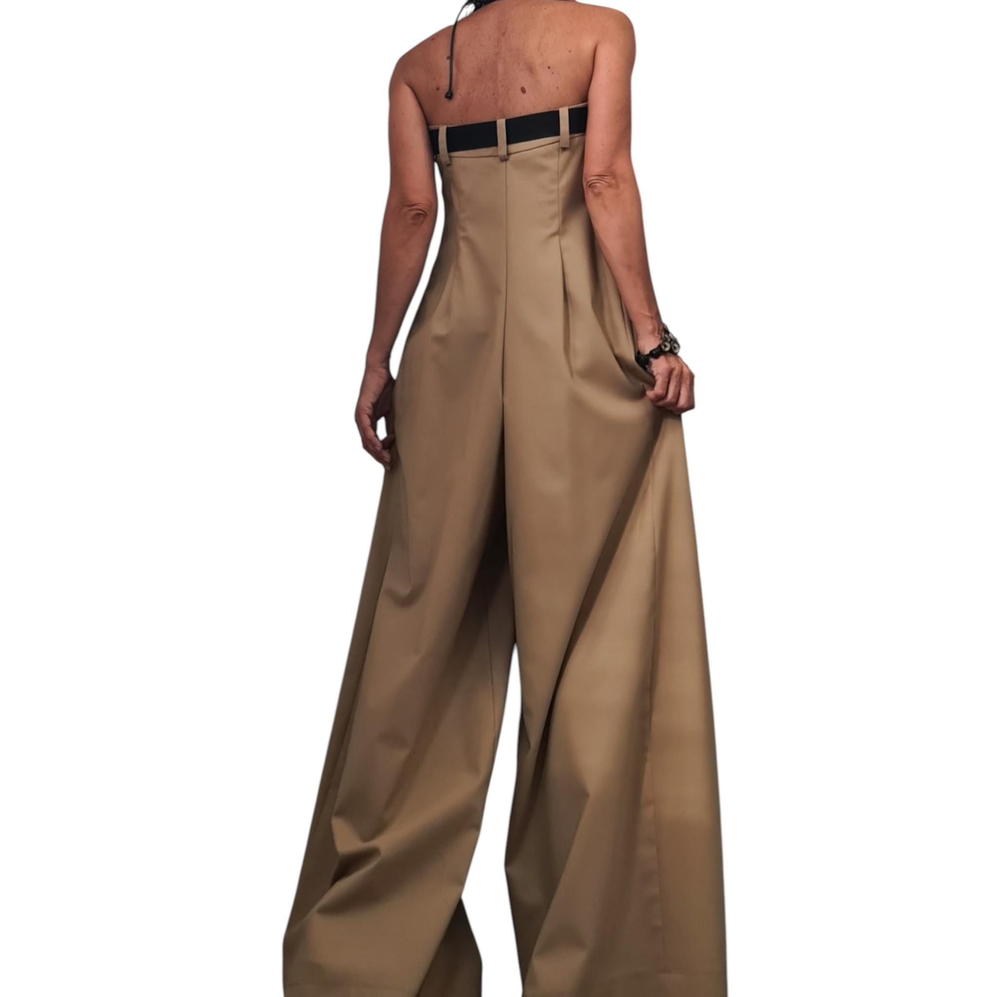 Wide Leg Jumpsuit, Sleeveless Bustier Overall, Beige Harem Jumpsuit