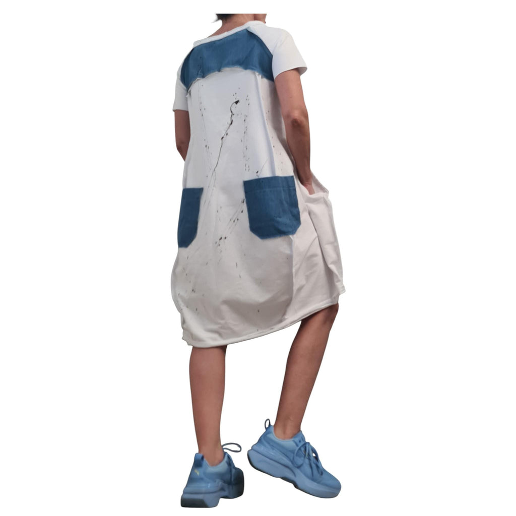 White Extravagant One Shoulder Dress, French Terry Cotton Denim Tunic, Plus Size Asymmetric Dress