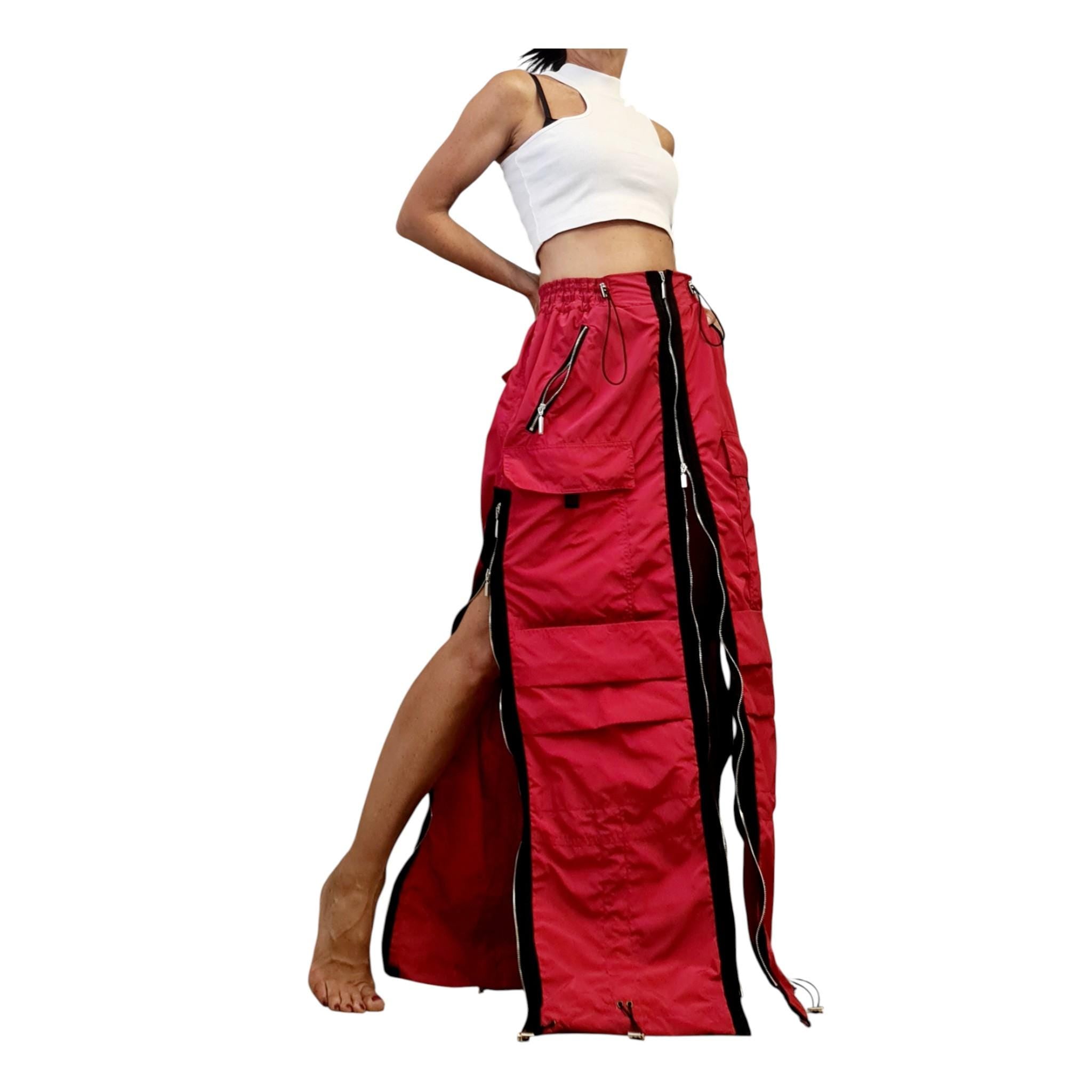 Red Maxi Cargo Skirt with Zippers, Oversized Avant Garde Clothing, Techwear Festival Outfit