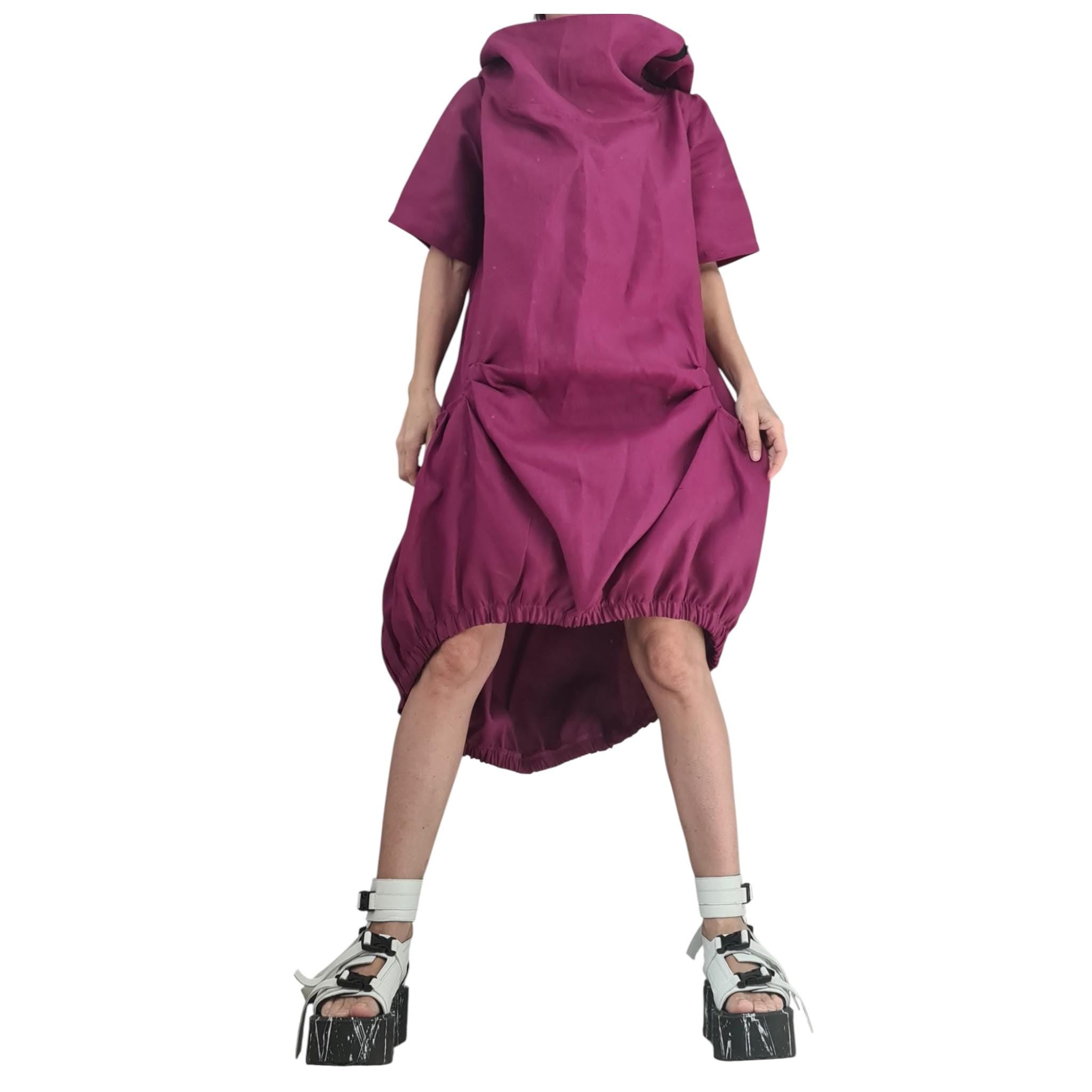 Plum Purple Linen Hooded Dress, Asymmetric Off Shoulder Dress, Oversized Short Sleeve Dress, Avant Garde Handmade Clothing
