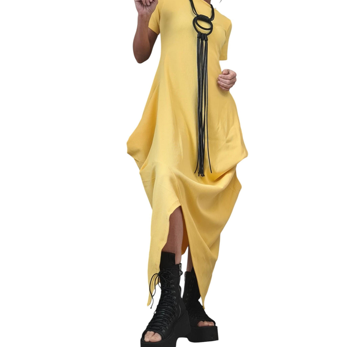Yellow Cotton Rib Maxi Dress, Asymmetric Avant Garde Dress, Plus Size Clothing