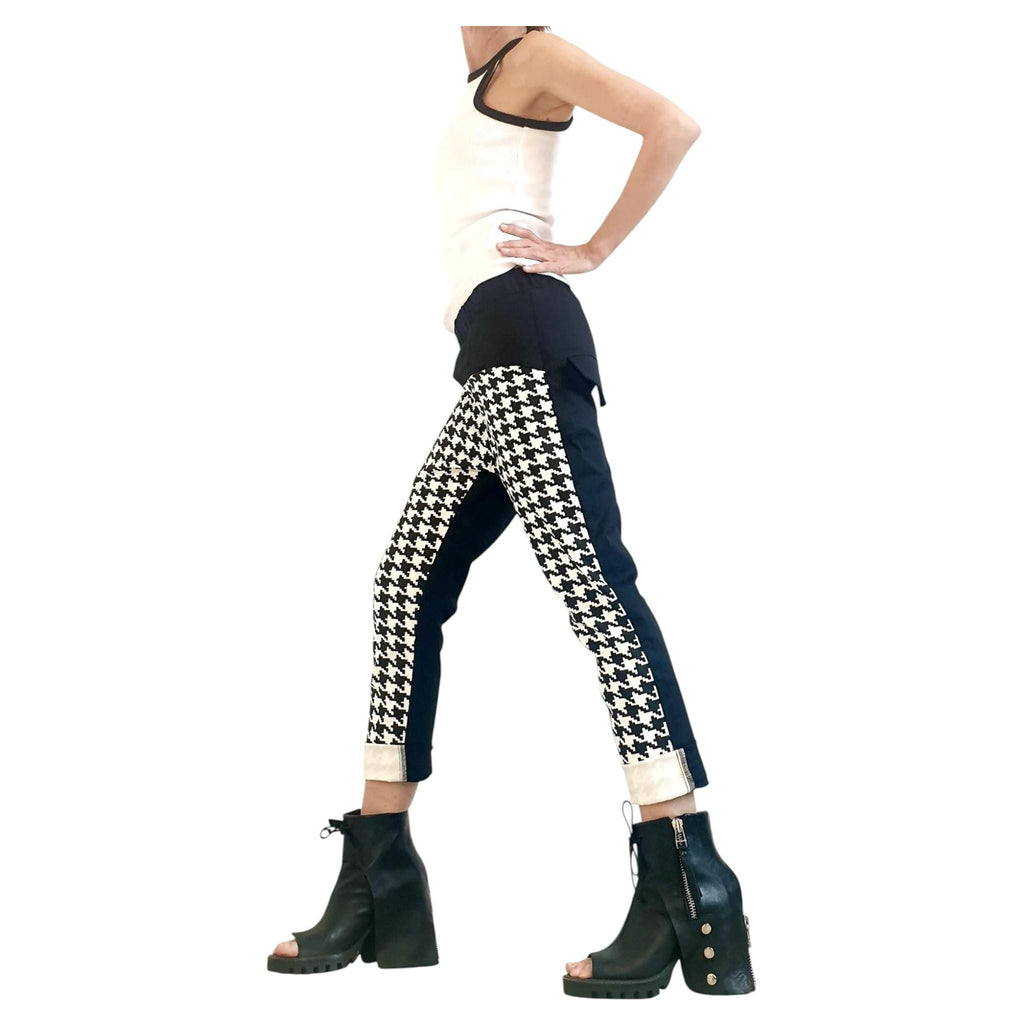 Houndstooth Panel Pants, Color Block, Slim Tapered Leg, Cotton Trousers