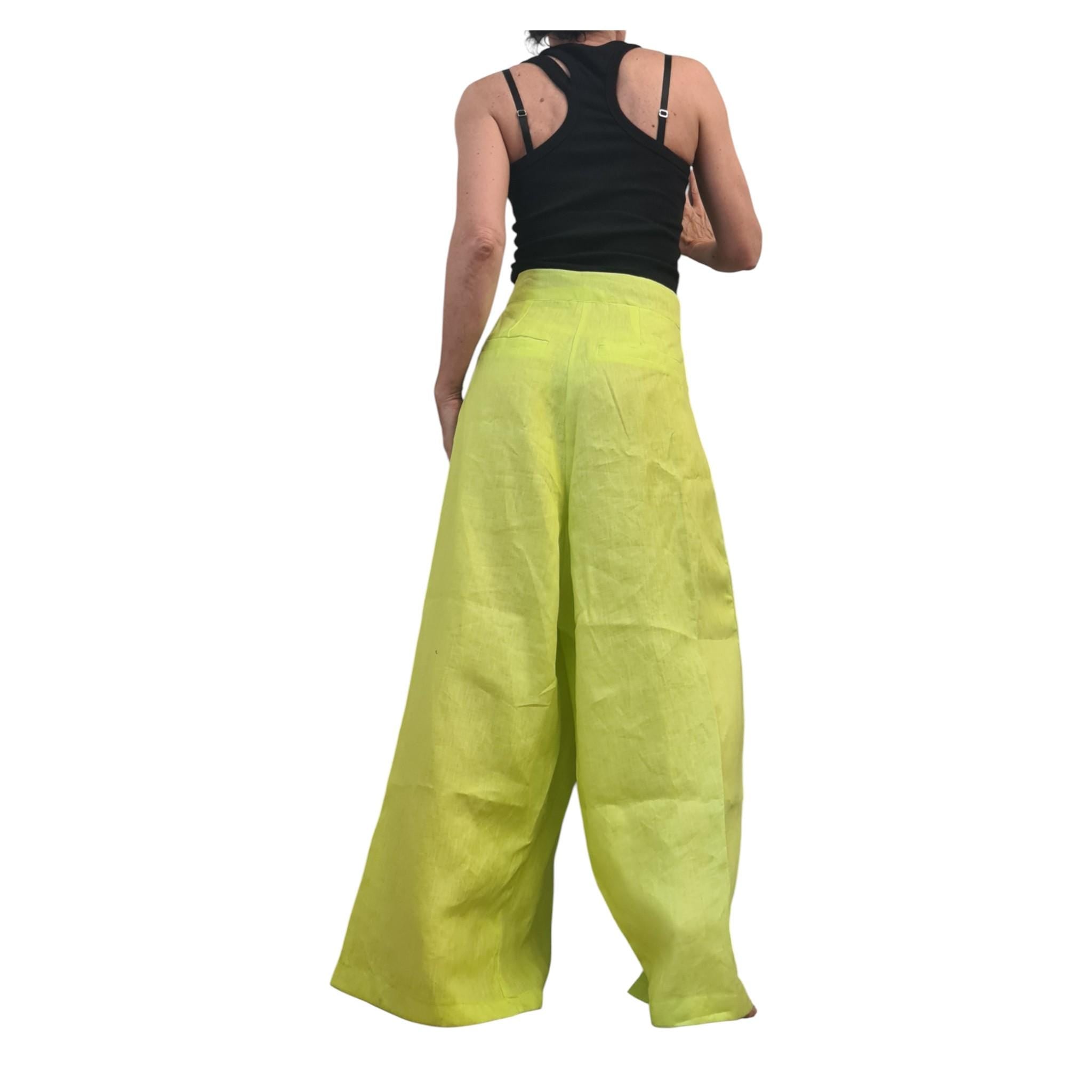 Lime Linen Drop Crotch Pants Womens Avant Garde Harem Trousers Designer Clothing